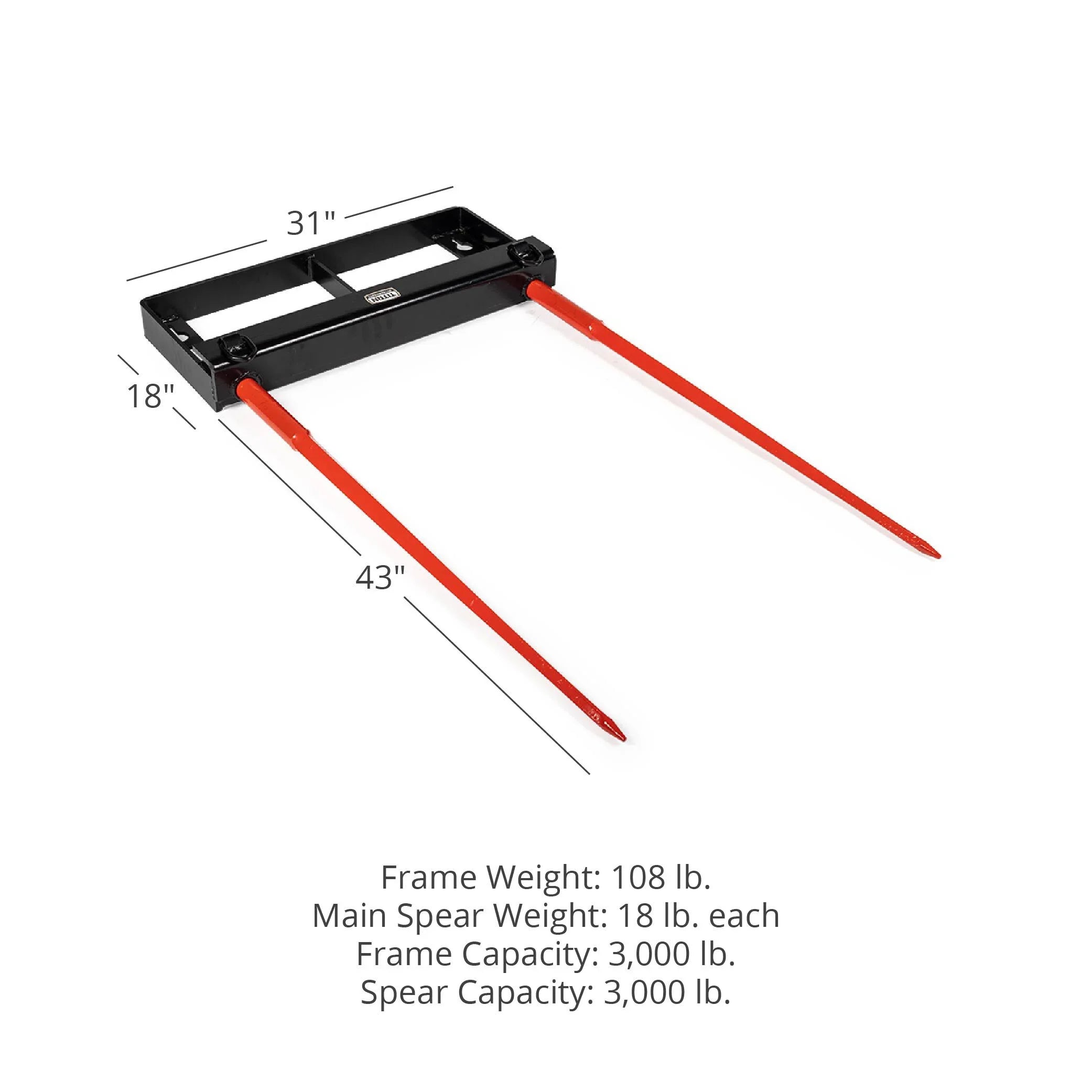 Titan Attachments Dual Prong 43" Hay Bale Spear Attachment, Universal  Front Skid Steer Tractor Loader Bucket Attachment, 3000  Capacity, Conus 2 Tines, Chains and Ratchet Binders Included
