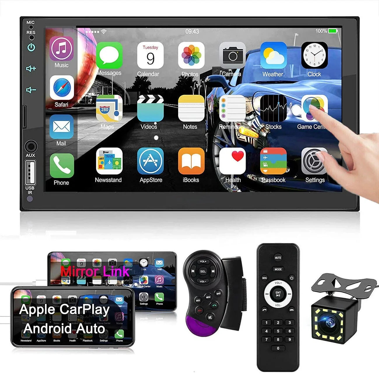 Double 2Din 7" Car Stereo Android/Apple Carplay Radio Touch Screen Player + 12LED Camera
