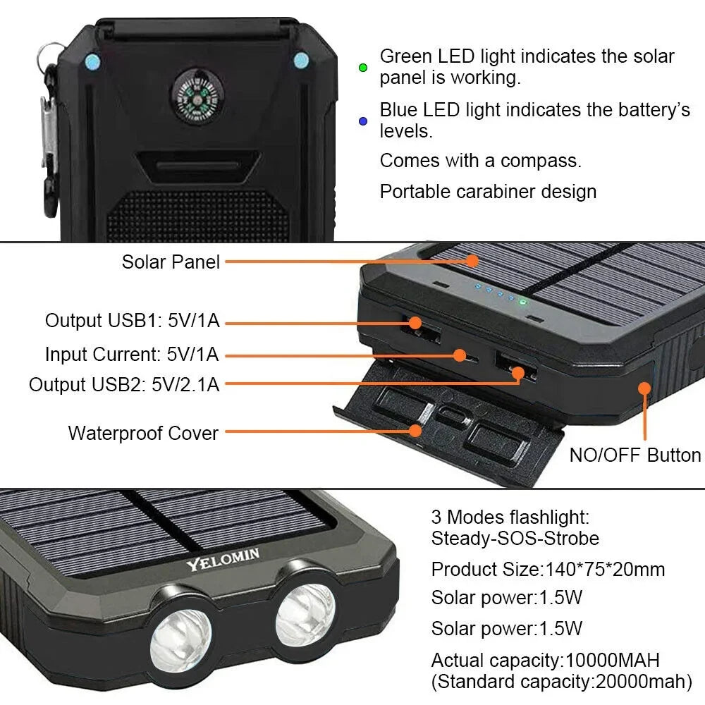 2023 Waterproof Solar Power Bank 9000000mAh Portable External Battery Charger