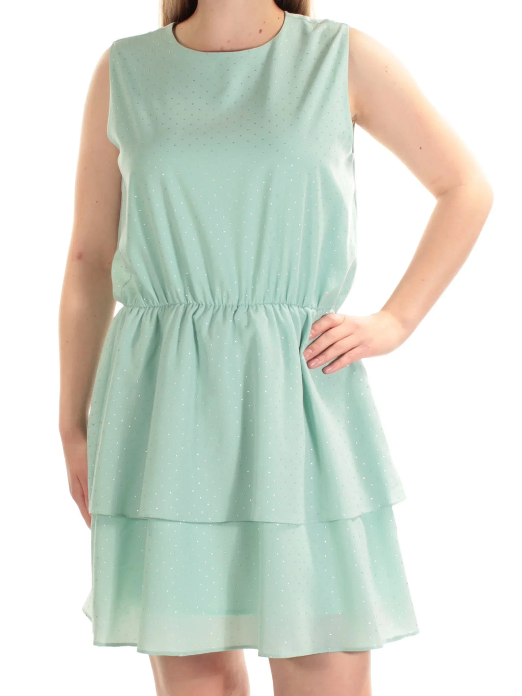 C.  Womens Green Sleeveless Crew Neck Above The Knee Fit + Flare Dress M