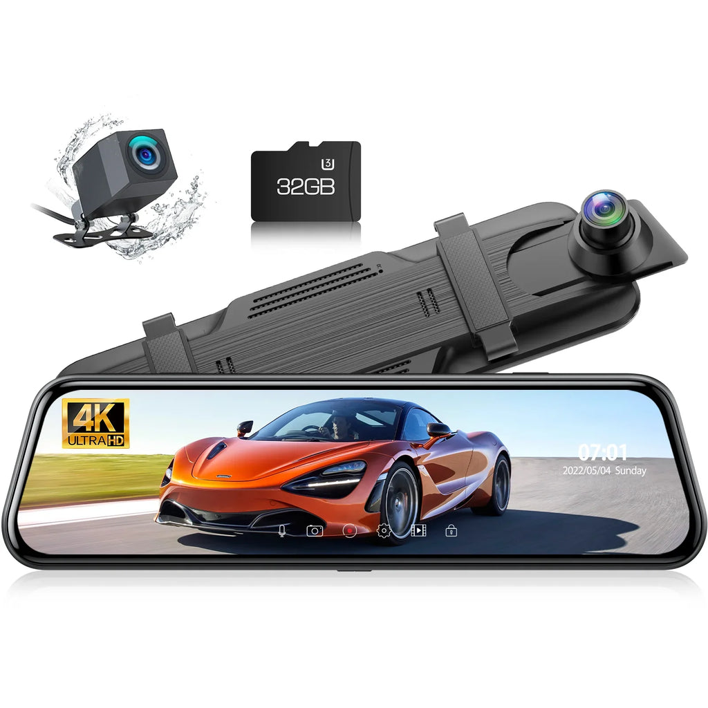 Backup Camera Rear View Mirror Camera, 10" Touch Screen 4K+1080P Front and Rear Dash Cam, with 64GB Memory Card, Parking Assist, Parking Monitoring,