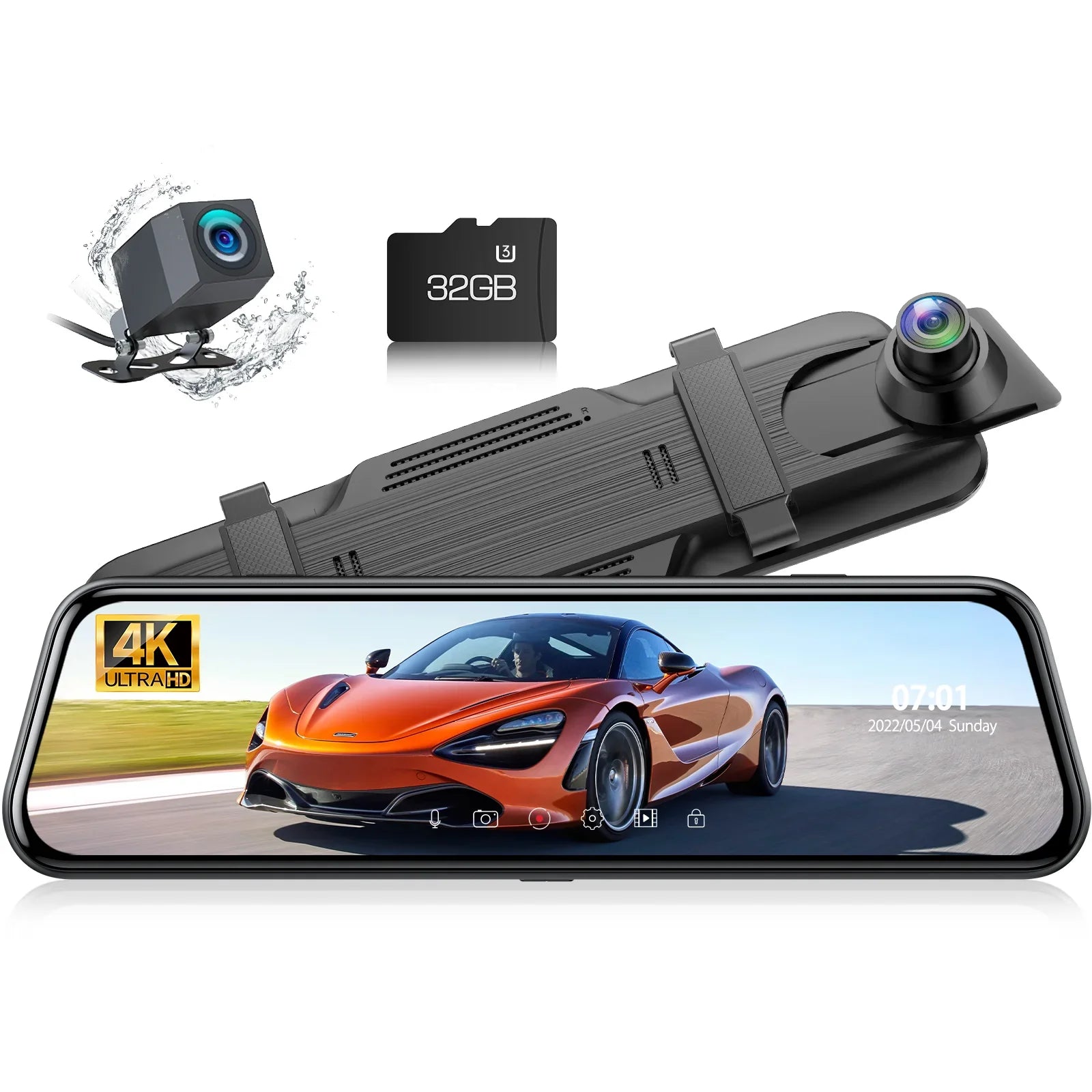 Backup Camera Rear View Mirror Camera, 10" Touch Screen 4K+1080P Front and Rear Dash Cam, with 64GB Memory Card, Parking Assist, Parking Monitoring,