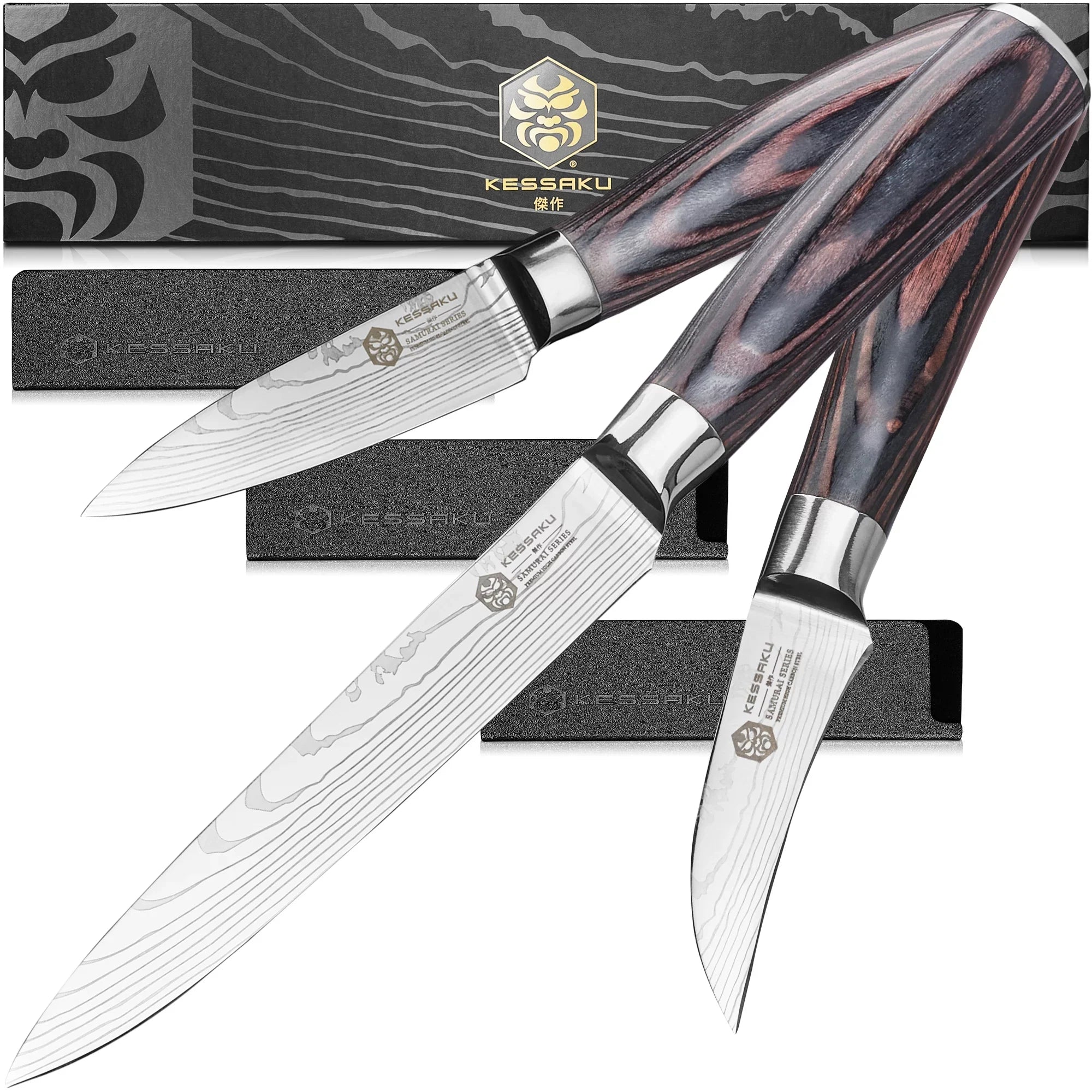 Kessaku 3.5-Inch Paring & 2.75-Inch Bird's Beak Tourne & 5.5-Inch Utility Knife Set - Samurai Series - Forged High Carbon 7Cr17MoV Stainless Steel - Pakkawood Handle with Blade Guards