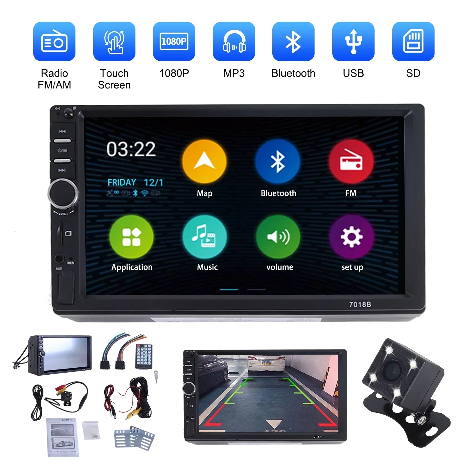 Double 2 Din Car Stereo Radio MP5 Player, 7 Inch  Touch Screen Bluetooth Car Video Player 1080P with Backup Reversing Camera