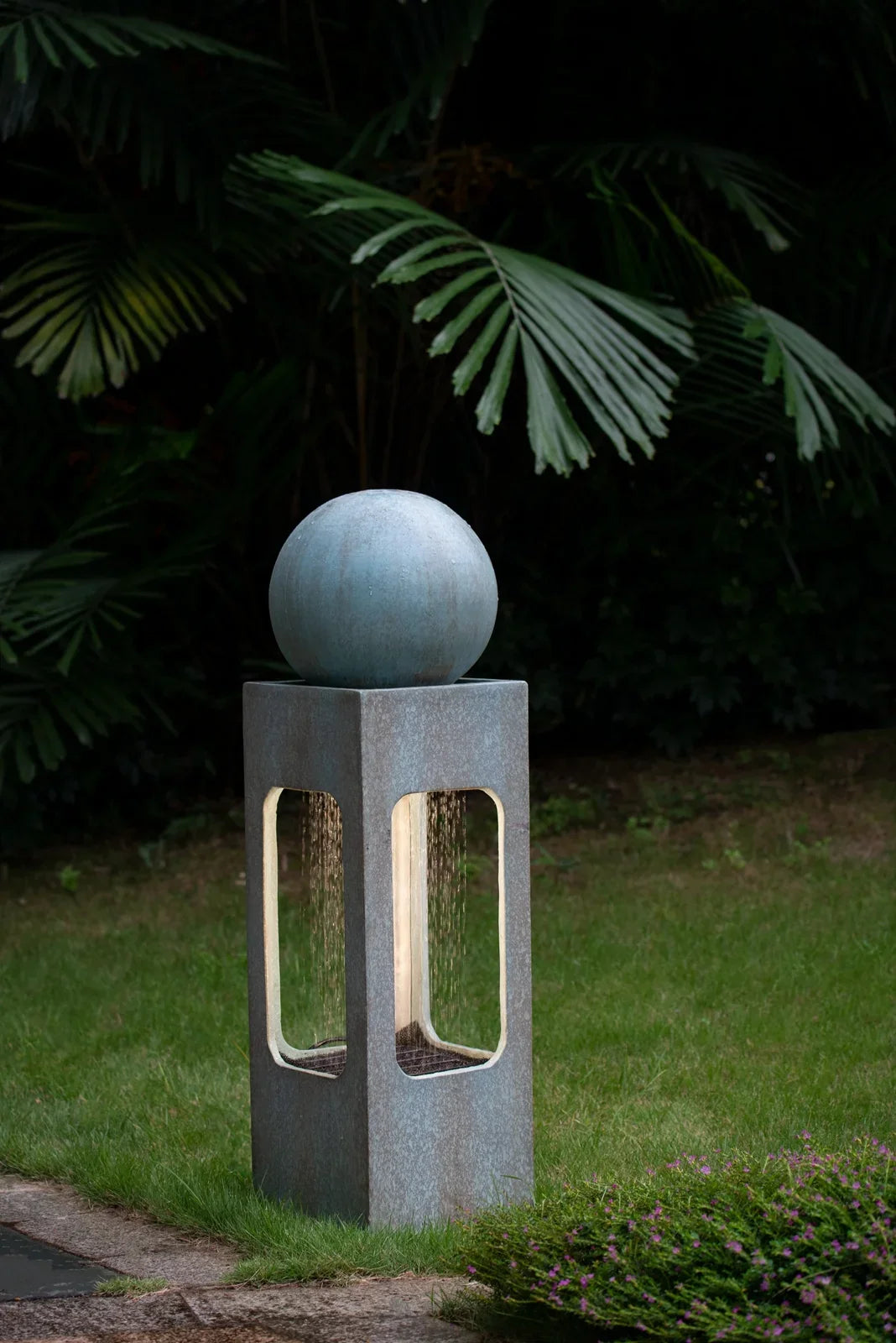 13x13x44" Tall Contemporary Sphere Outdoor Water Fountain, Cement/Concrete Outdoor Fountain, Antique Blue Raindrop Water Feature with Light For Garden, Lawn, Deck & Patio
