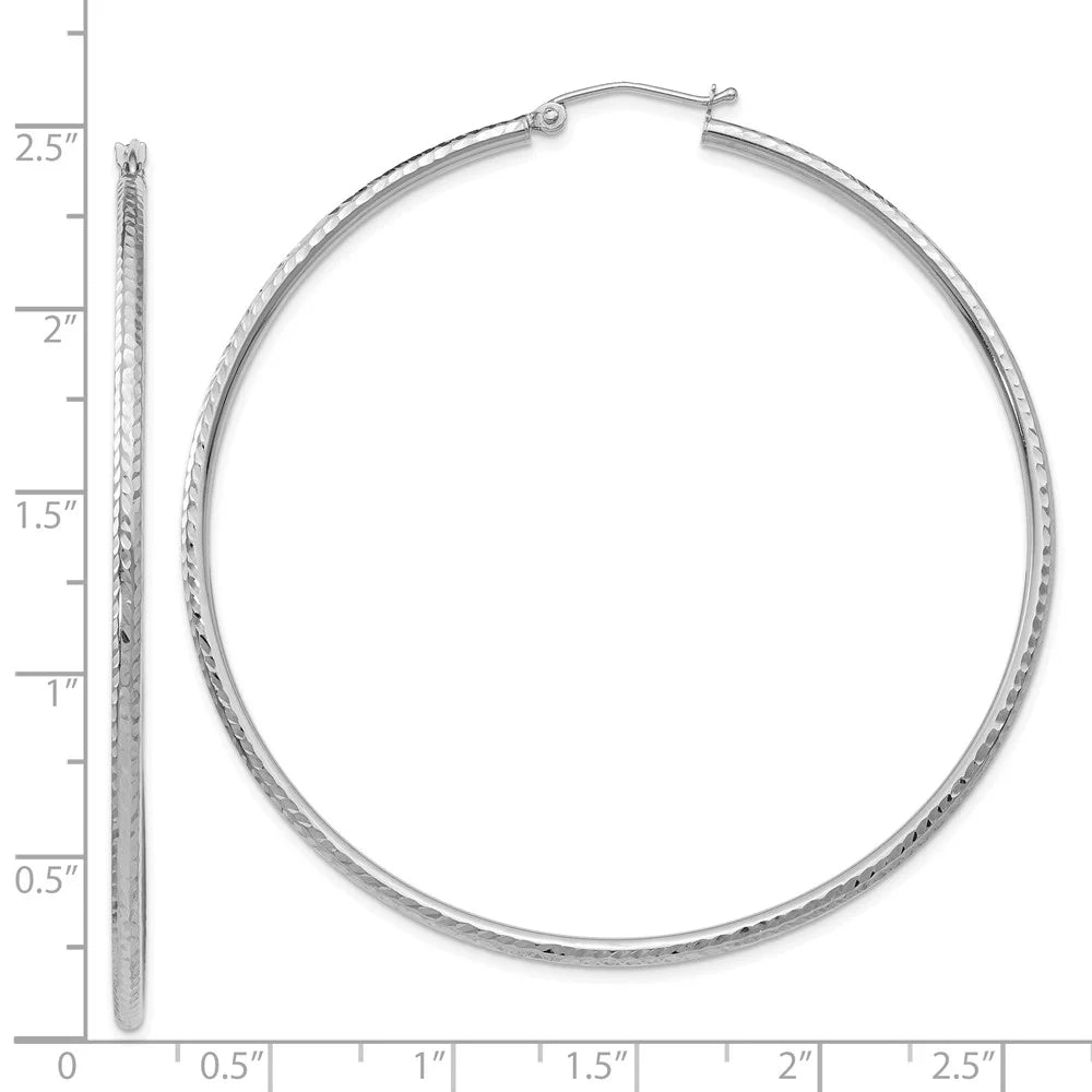 Real 14kt White Gold Diamond-cut 2mm Round Tube Hoop Earrings; for Adults and Teens; for Women and Men