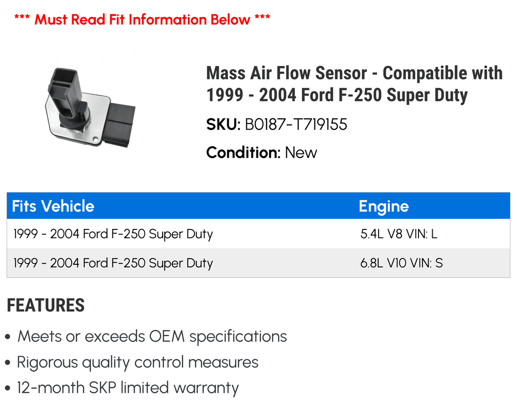 Mass Air Flow Sensor - Compatible with 1999 - 2004 Ford F-250 Super Duty 2000 2001 2002 2003