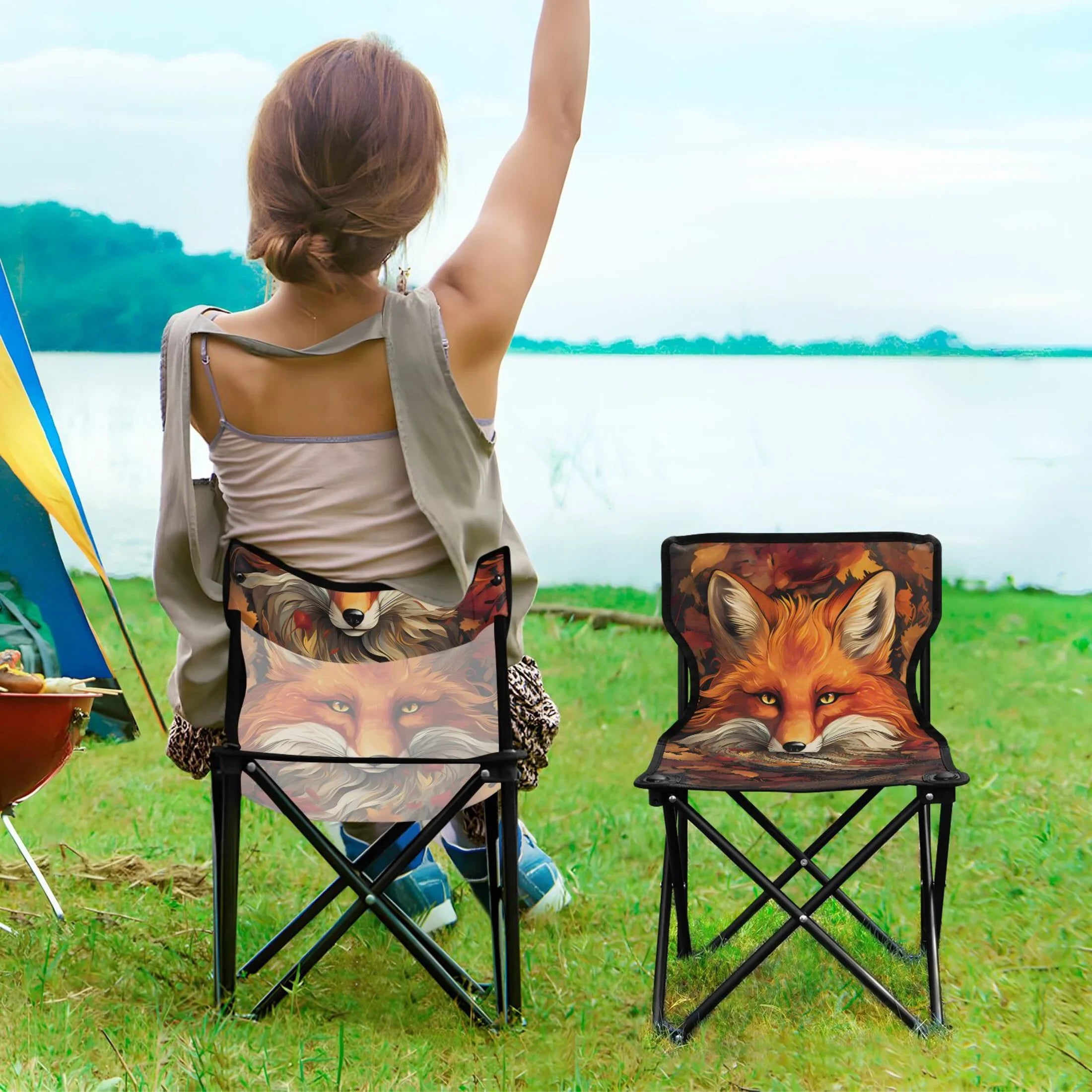 Fox with Autumn Leaves Portable Camping Chair Outdoor Folding Beach Chair Fishing Chair Lawn Chair with Carry Bag Support to 220LBS