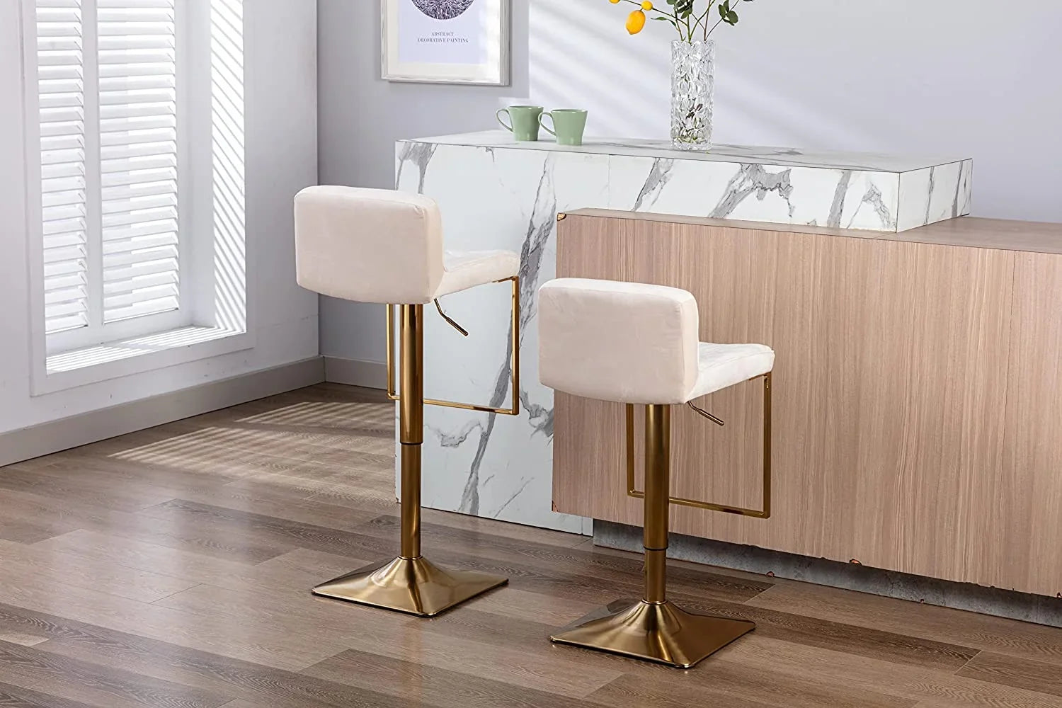 Velvet  Stools  Modern Swivel Counter Height Barstools  Height Adjustable Kitchen Stools for Island  Chairs Island Stools Chair Gold sillas para barra de cocina (Ivory  Set of