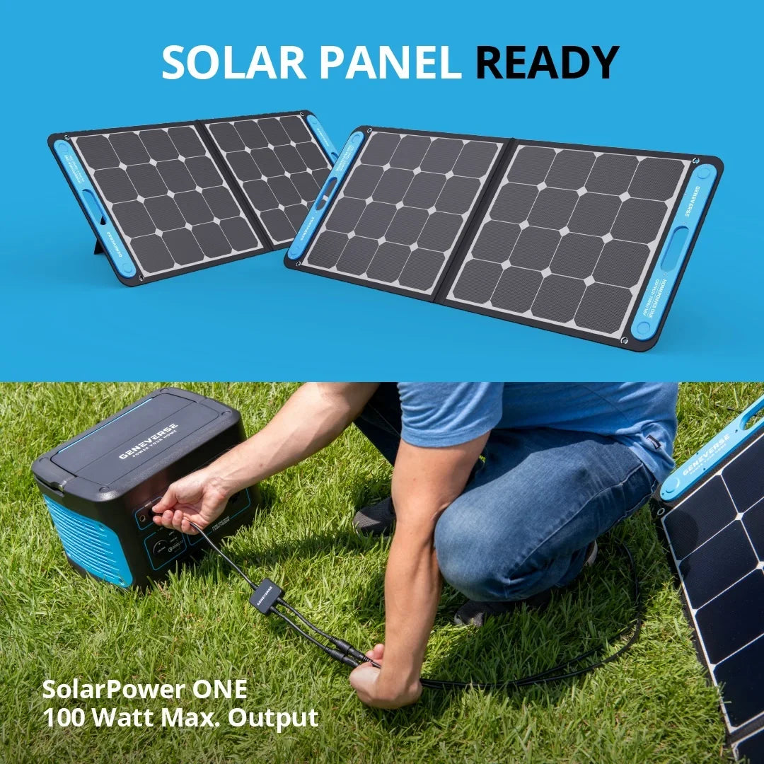 Geneverse 1002Wh (1x2) Solar Generator Bundle: 1X HomePower  Portable Power Station (3X 1000W  Outlets) + 2X 100W Solar Panels. Quiet, Indoor-Safe Backup Battery Power Generator For Home Devices