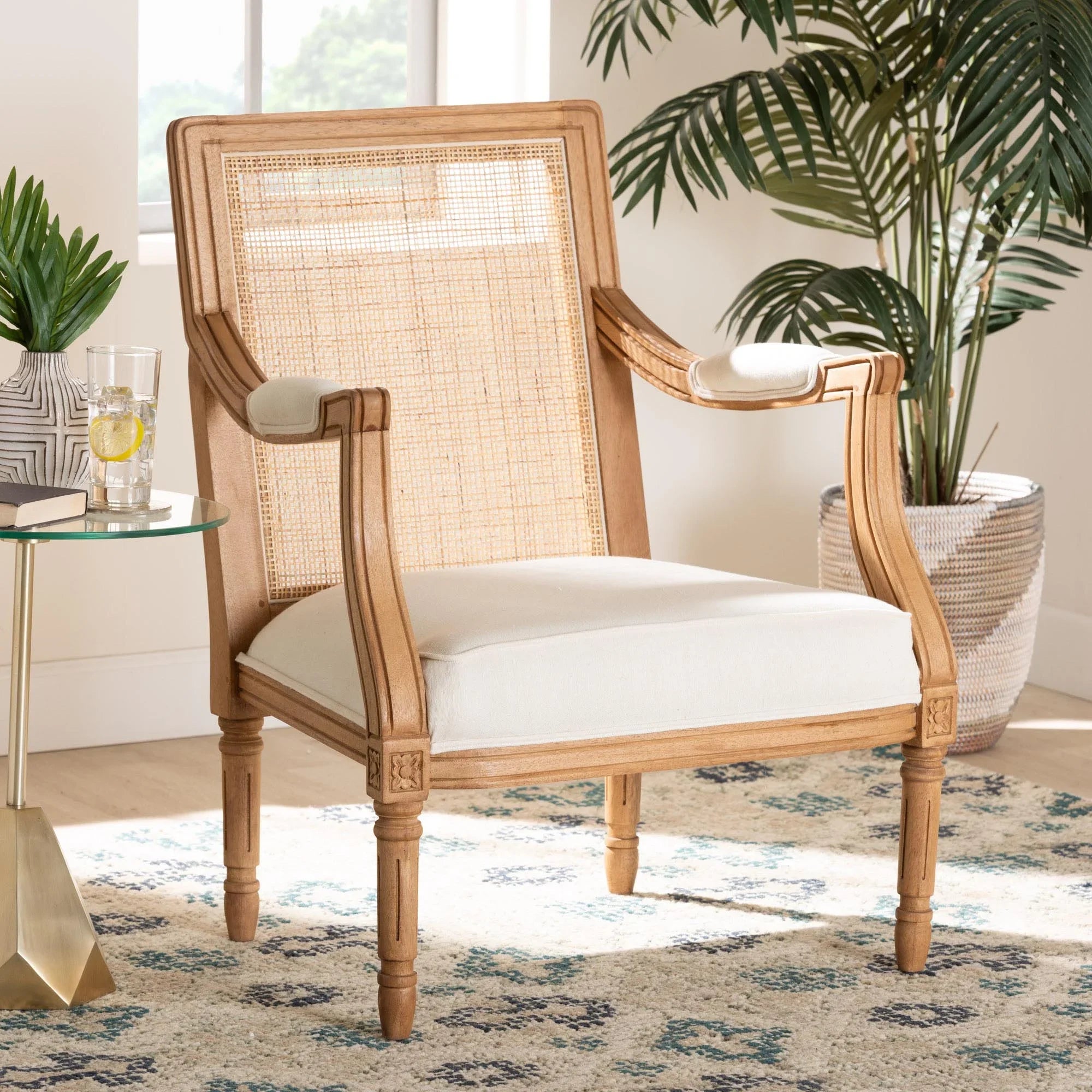 Baxton Studio Garridan Traditional French Beige Fabric and Honey Oak Finished Wood Accent Chair