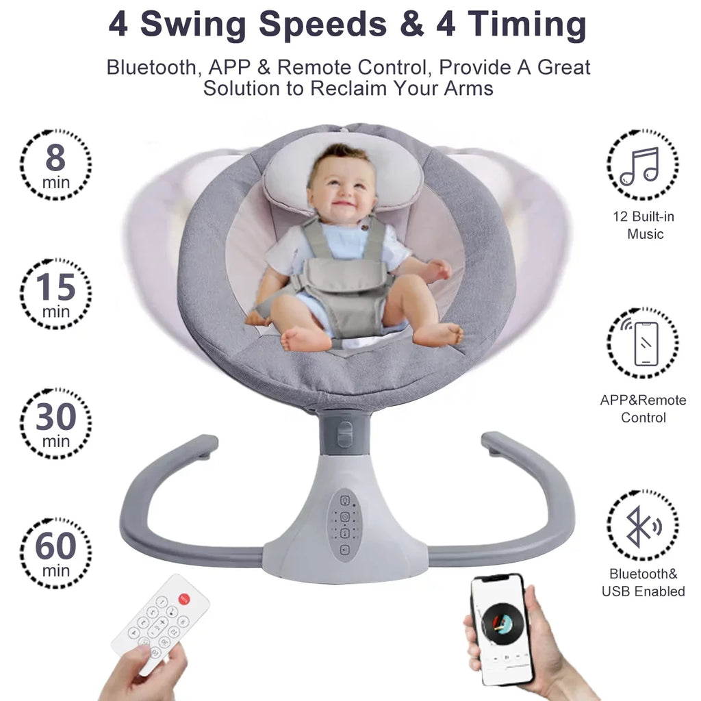 Electric Baby Swing Portable Swing Chair Infant Swing Seat with 4 Speeds and Remote Control, Gray