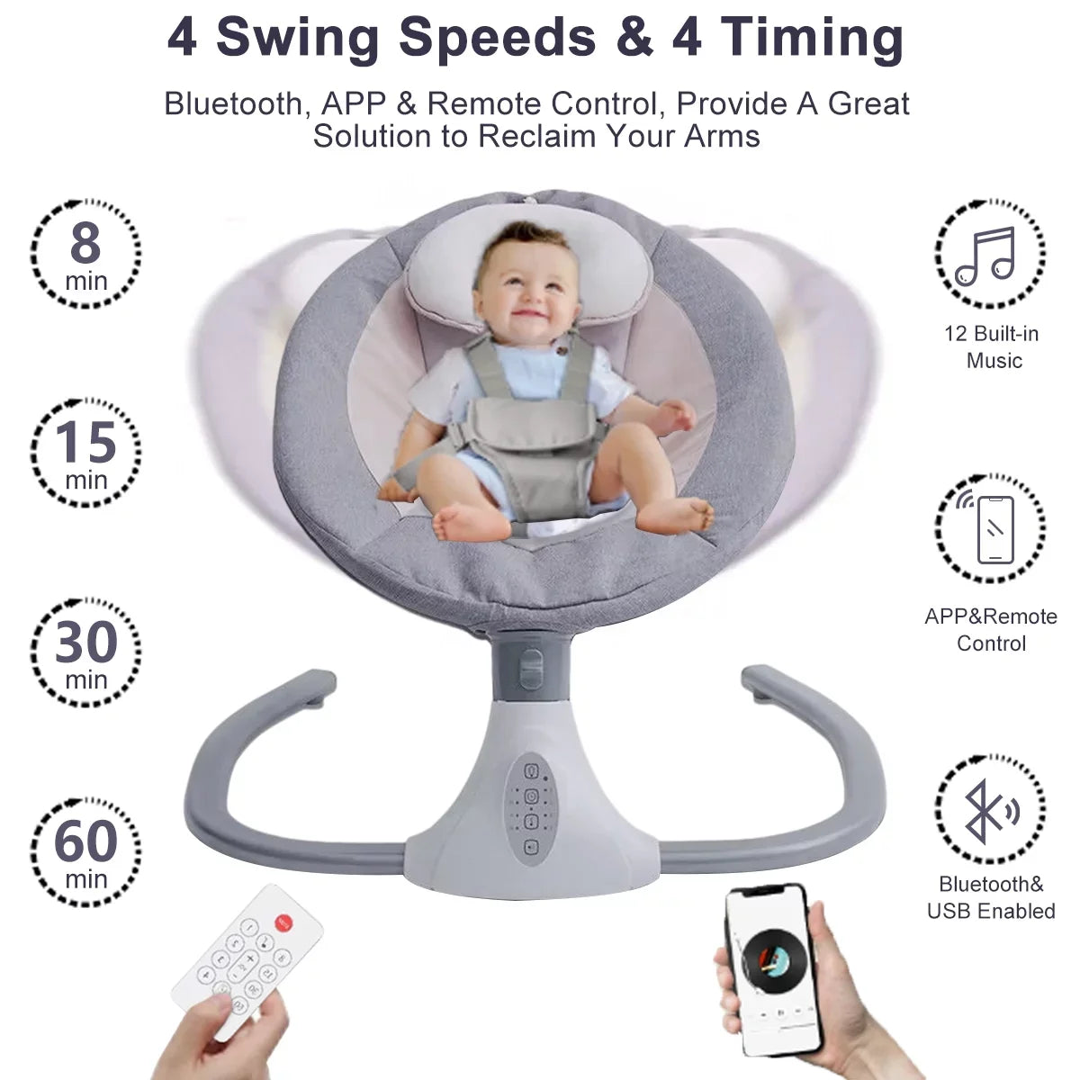 Electric Baby Swing Portable Swing Chair Infant Swing Seat with 4 Speeds and Remote Control, Gray