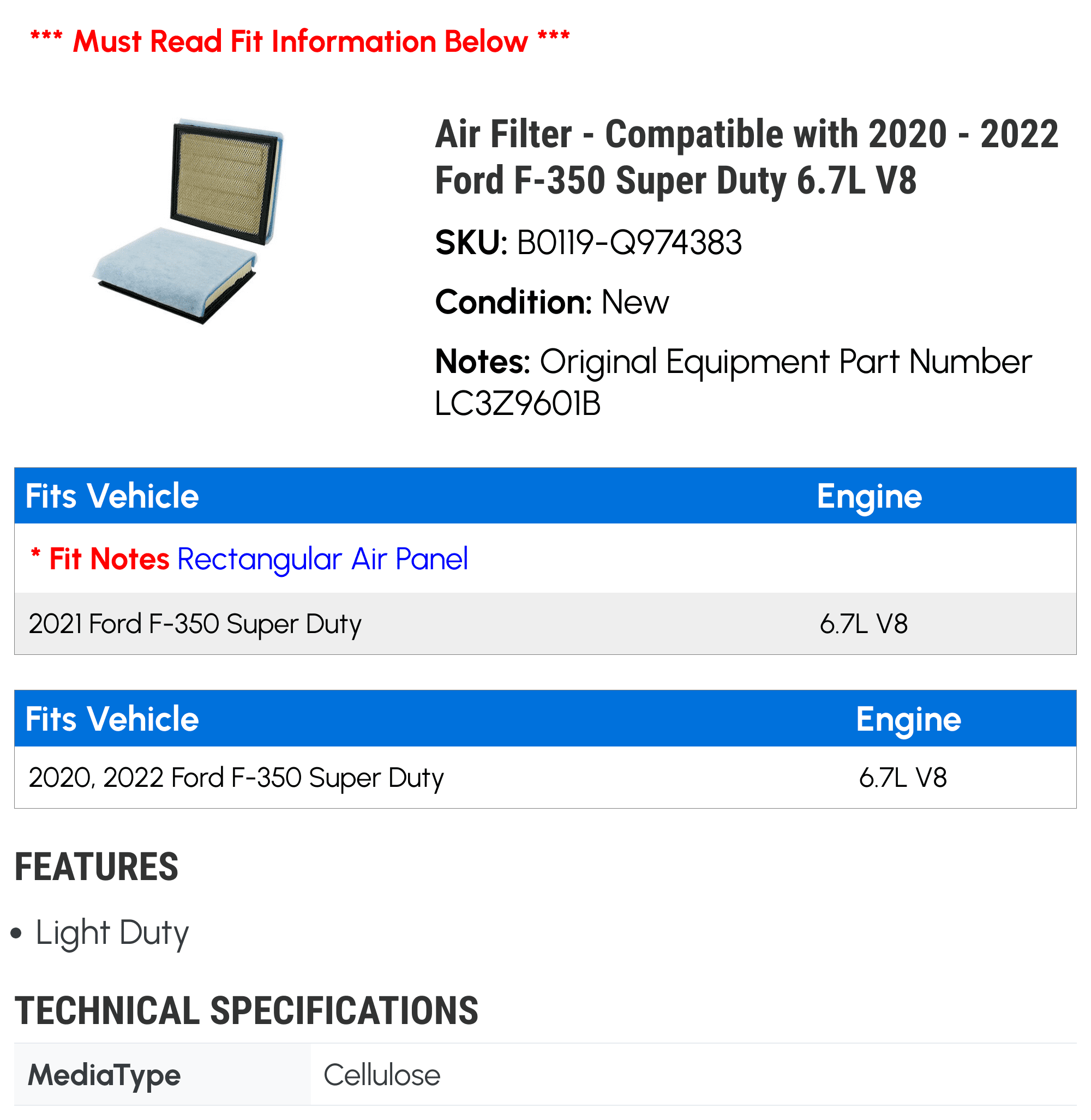 Air Filter - Compatible with 2020 - 2022 Ford F-350 Super Duty 6.7L V8 2021