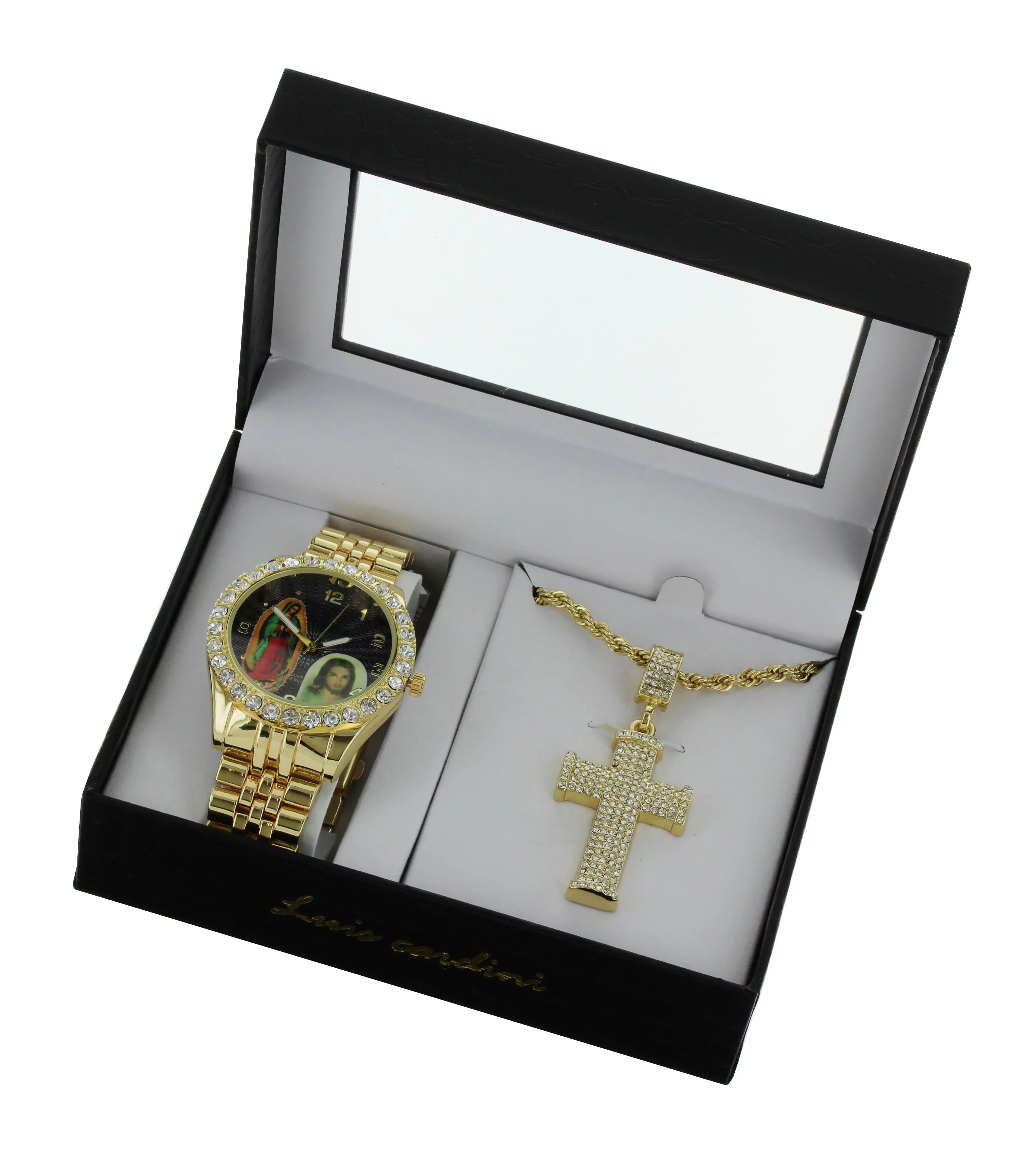 Men's Our Lady of Guadalupe and Jesus Gold-Tone Metal Bracelet Watch with Neckless and Cross Pendent Set
