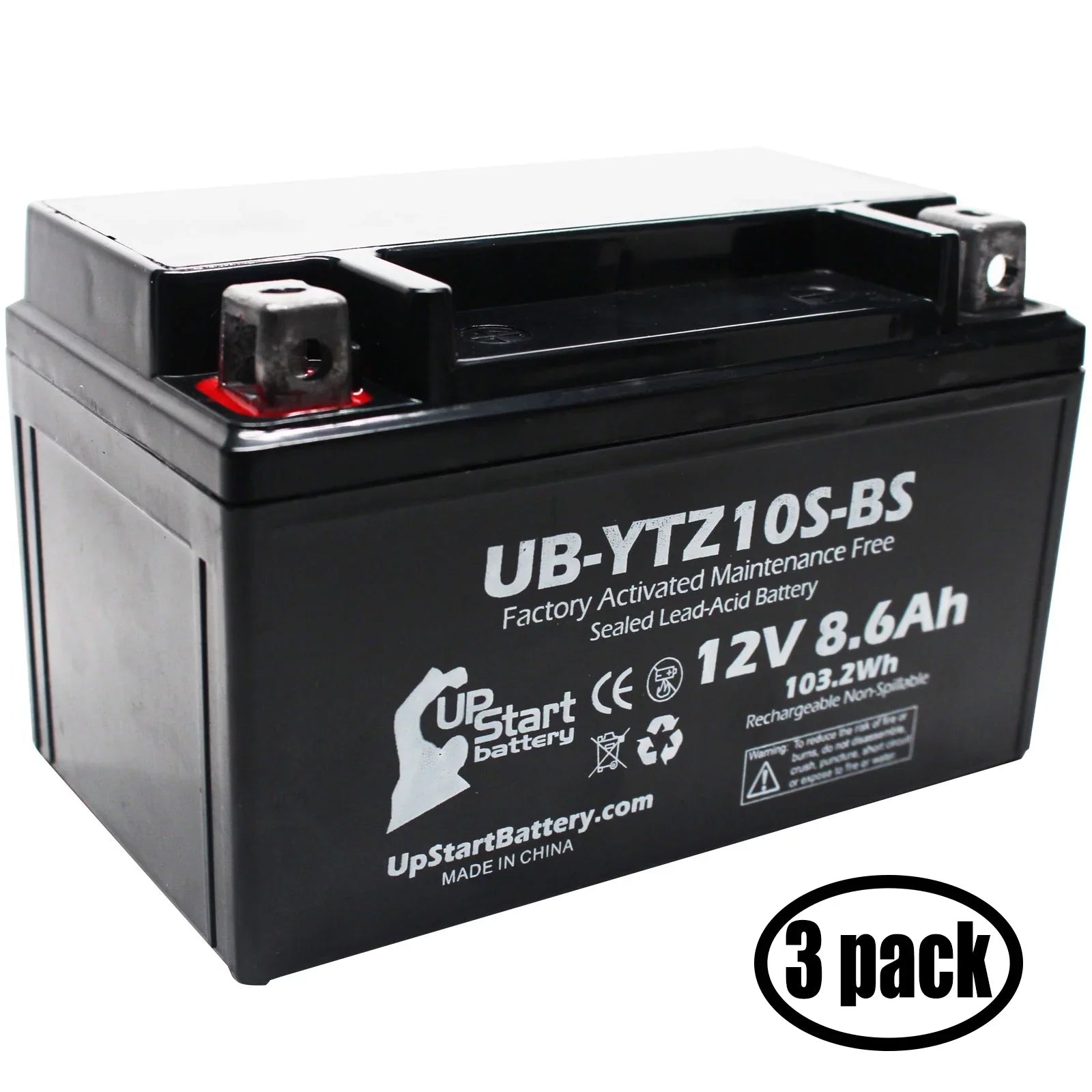 3-Pack UpStart Battery Replacement for 2011 Yamaha -R1 1000CC Factory Activated, Maintenance Free, Motorcycle Battery - 12V, 8.6Ah, -YTZ10S-