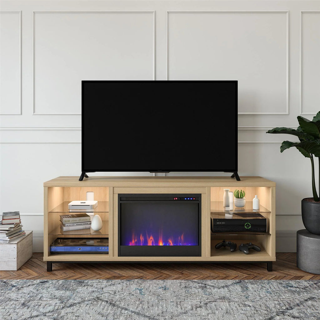 Ameriwood Home Lumina Deluxe Fireplace  Stand for TVs up to 70" in Blonde Oak