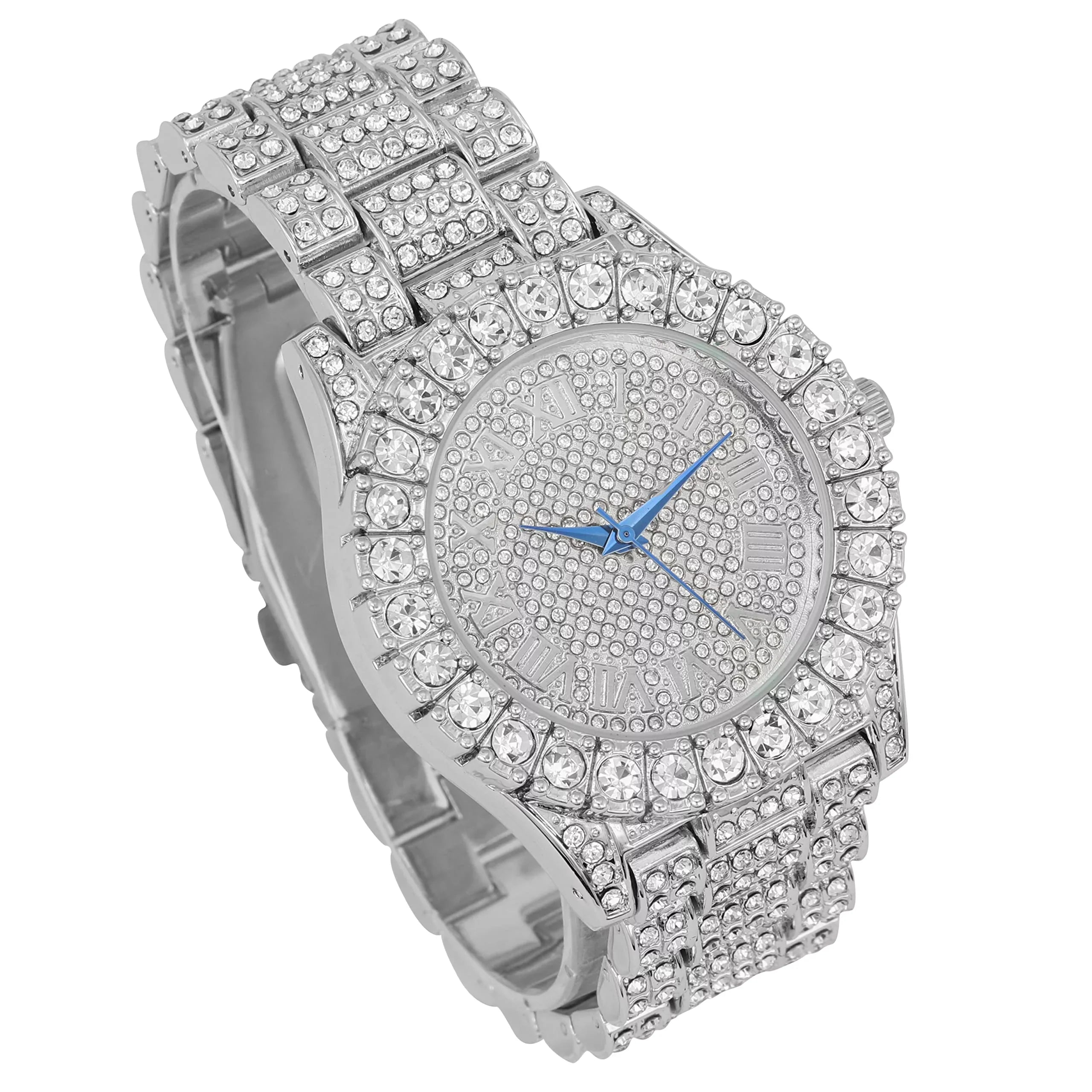 Charles Raymond Mens Big Rocks Bezel - Dial with Roman Numerals Fully Iced Out Watch w/Cuban Chain Bracelet & Ring - ST10327SET3PC (10,Silver)