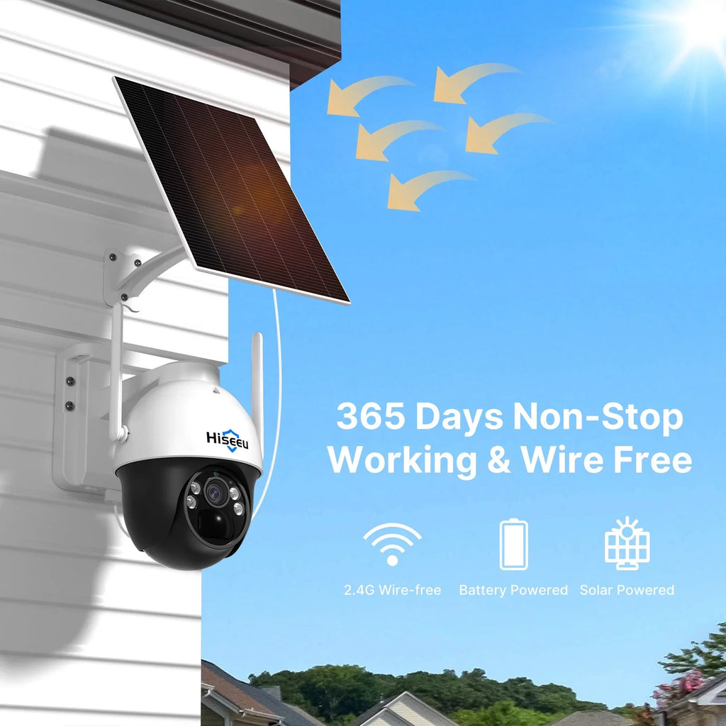 Hiseeu Rechargeable Battery 2K/3MP Solar Wireless Security Camera,360 View Pan/Tilt,8X digital zoom,2-Way Audio,Color Night Vision,Spotlights, Card Slot,Smart  Detection
