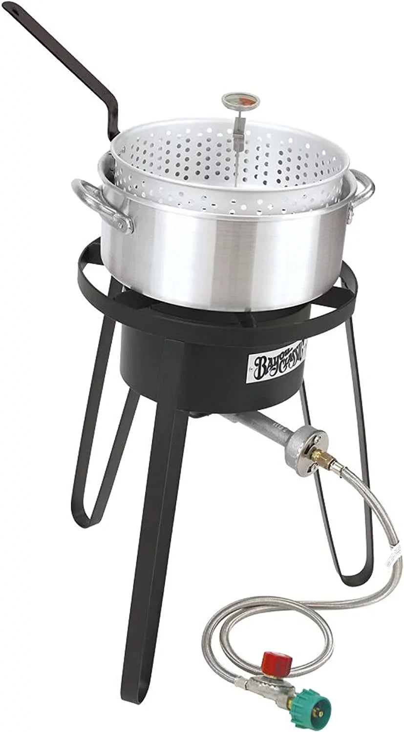 Bayou Classic B135 Sportsman's Choice Aluminum Fish Cooker Perfect To Fry Fish Shrimp Chicken Hushpuppies and Fries Includes 10-qt Aluminum Fry Pot and Basket 21-in Tall Cooker 5-in Fry Thermometer