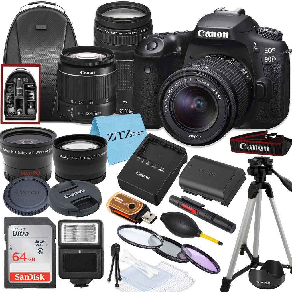 Canon  90D  Camera with 18-55mm, 75-300mm Lens, SanDisk 64GB Card, Backpack, Flash, Tripod and ZeeTech Accessory Bundle