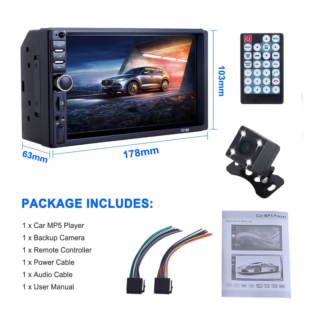 Double 2 Din Car Stereo Radio MP5 Player, 7 Inch  Touch Screen Bluetooth Car Video Player 1080P with Backup Reversing Camera
