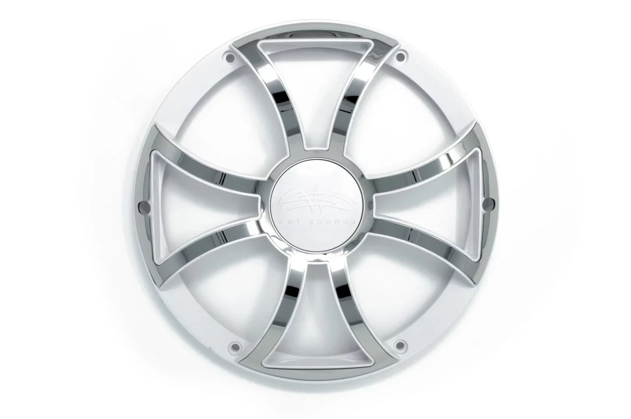 Two Wet Sounds Revo 10" Subwoofers & Grills - White Subwoofers & White Grills With Stainless Steel Inserts - 2 Ohm