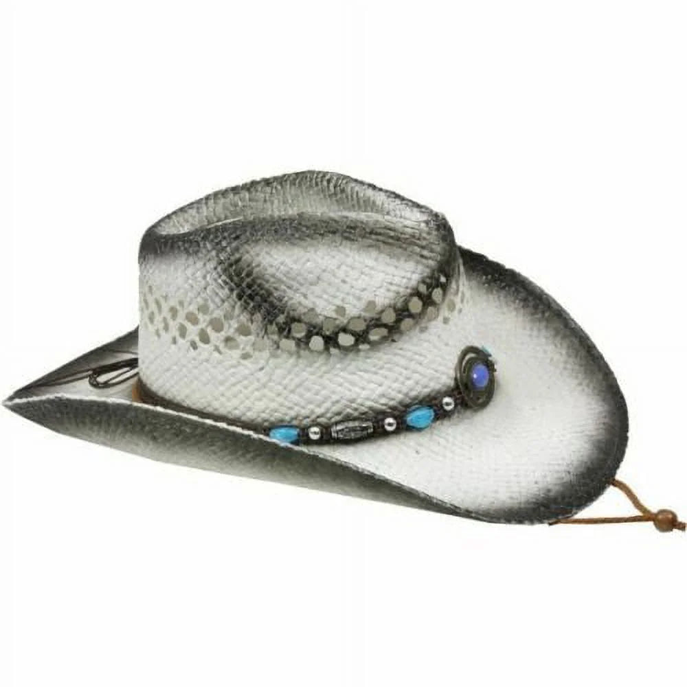 Tea Stain  Straw  w/ Turquoise Blue Beads   Cowgirl