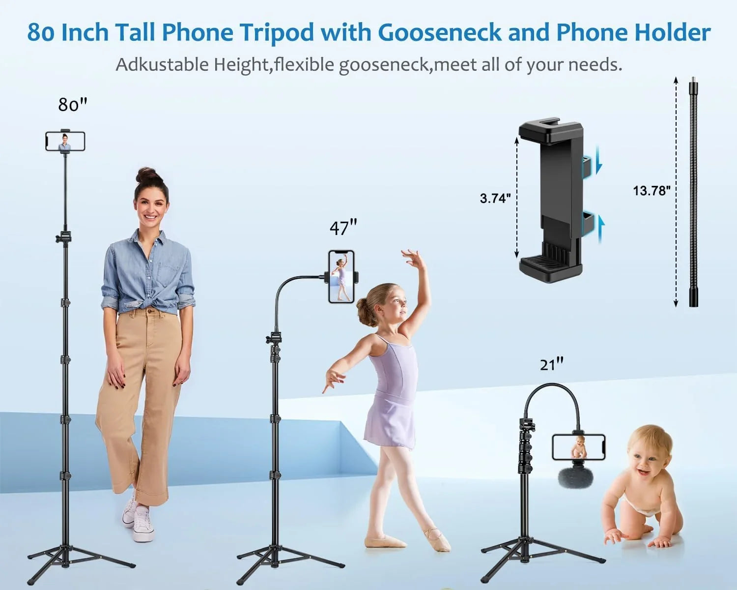Phone Tripod, 80" Tall Tripod Stand with 13" Adjustable Gooseneck, Cell Phone Tripod with Remote and Phone Holder,