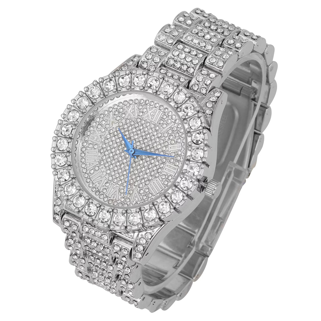 Charles Raymond Mens Big Rocks Bezel - Dial with Roman Numerals Fully Iced Out Watch w/Cuban Chain Bracelet & Ring - ST10327SET3PC (10,Silver)