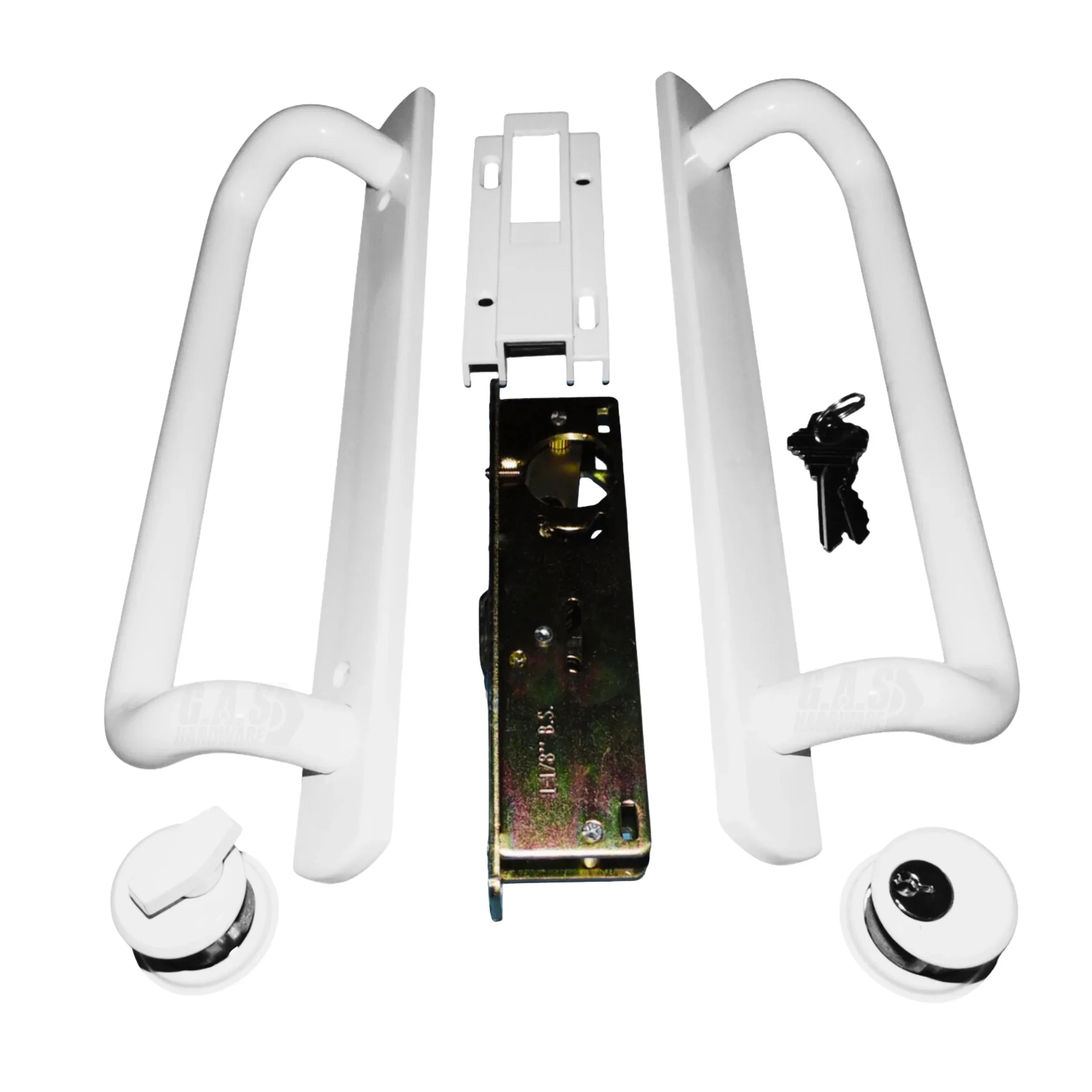 5400 Sliding Door Handle Set with Mortise Lock and Keys | White Handle Replacement for Patio Glass Door Repair 7-15/16 hole spacing 12.5 Faceplate Handle | (-489-)