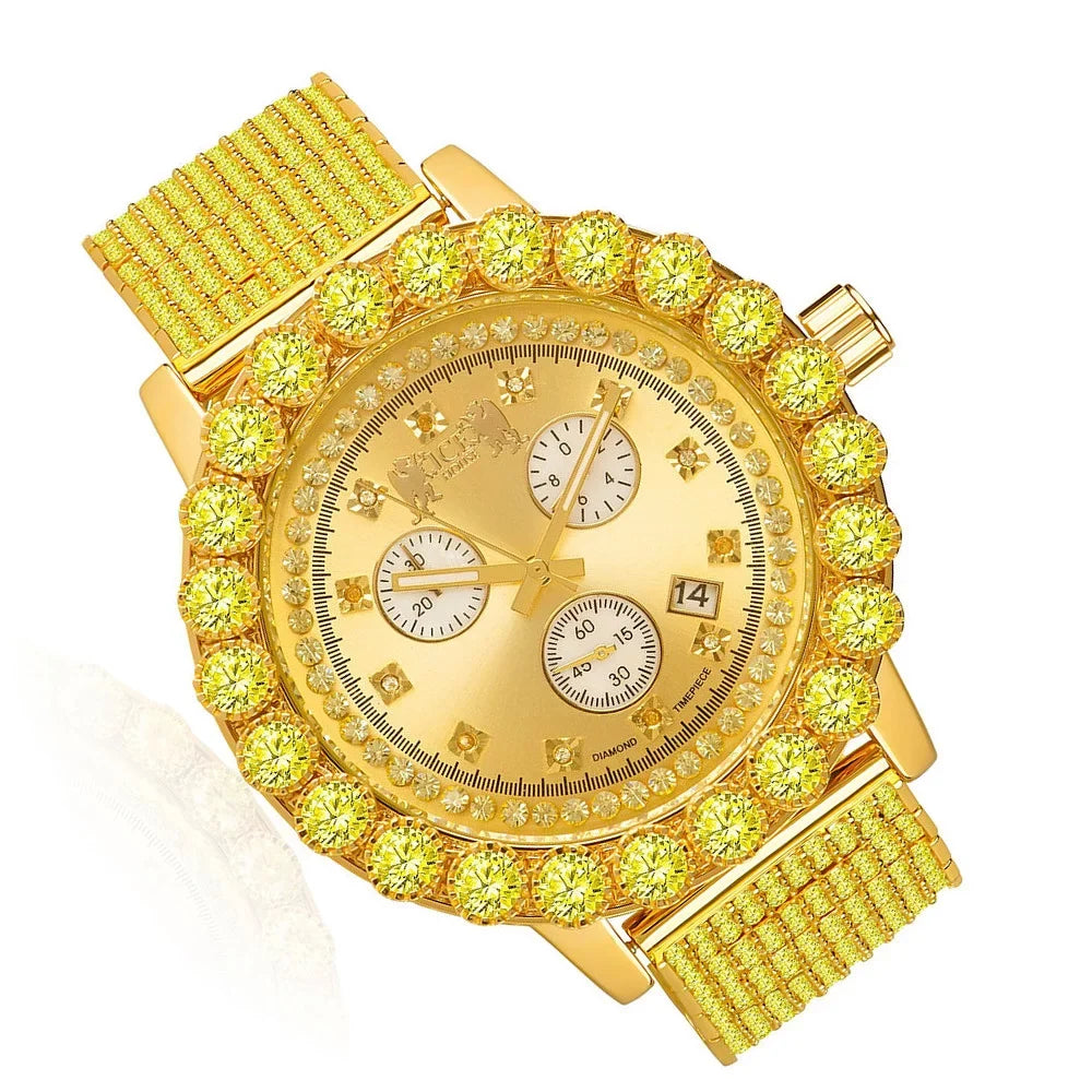 Canary Exclusive Custom Piece Celebrity Inspired Lab Diamonds Gold Tone Iced Out Khronos Jo Rodeo Watch W/Date Function