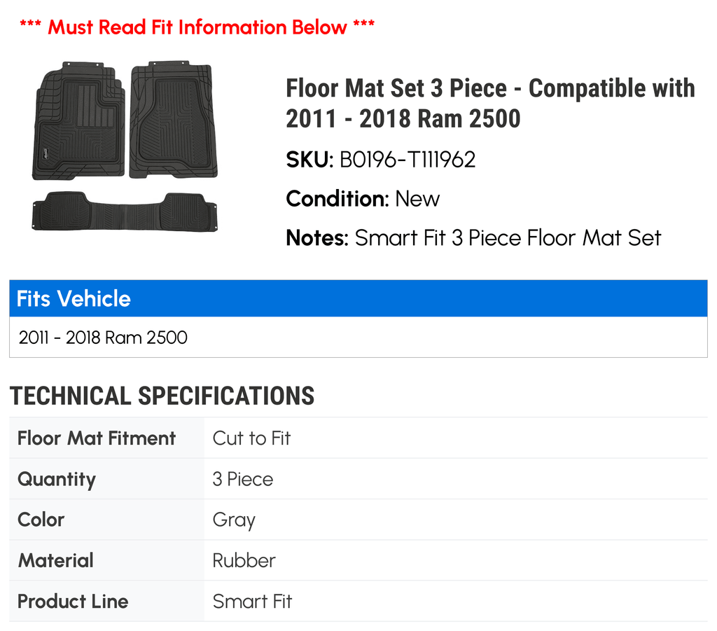 Floor Mat Set 3 Piece - Compatible with 2011 - 2018 Ram 2500 2012 2013 2014 2015 2016 2017