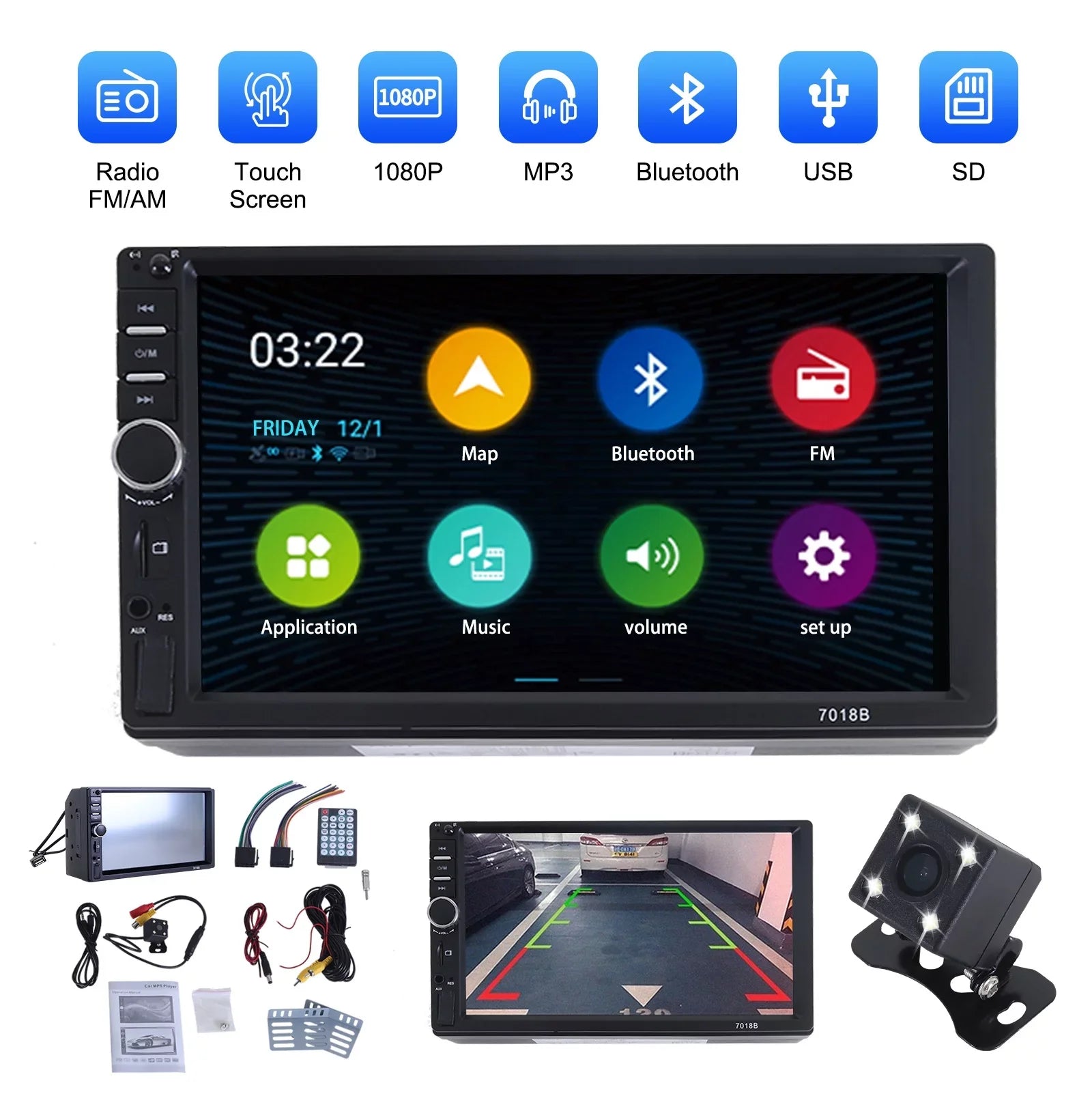 Double 2 Din Car Stereo Radio MP5 Player, 7 Inch  Touch Screen Bluetooth Car Video Player 1080P with Backup Reversing Camera