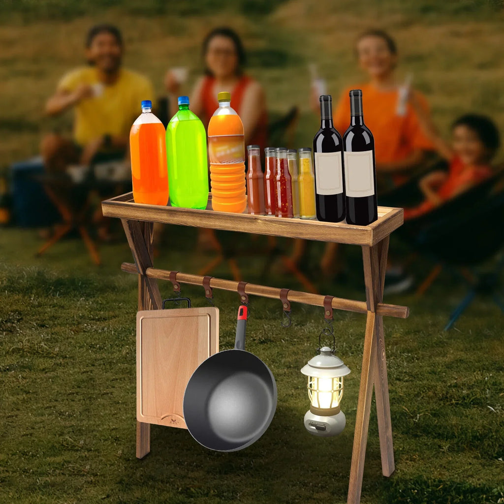 Miumaeov Wooden Portable Picnic Rack Outdoor Grill Rack Storage Table Shelf for Picnic, Camping,