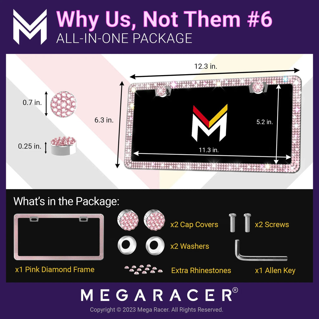 Mega Racer Nissan Rogue Bling License Plate Frames Diamond Pink Rhinestones, 2 Holes with Mounting Screws, Nissan Rogue 2008 - 2023 08 - 23 Sparkly Car License Plate Frame