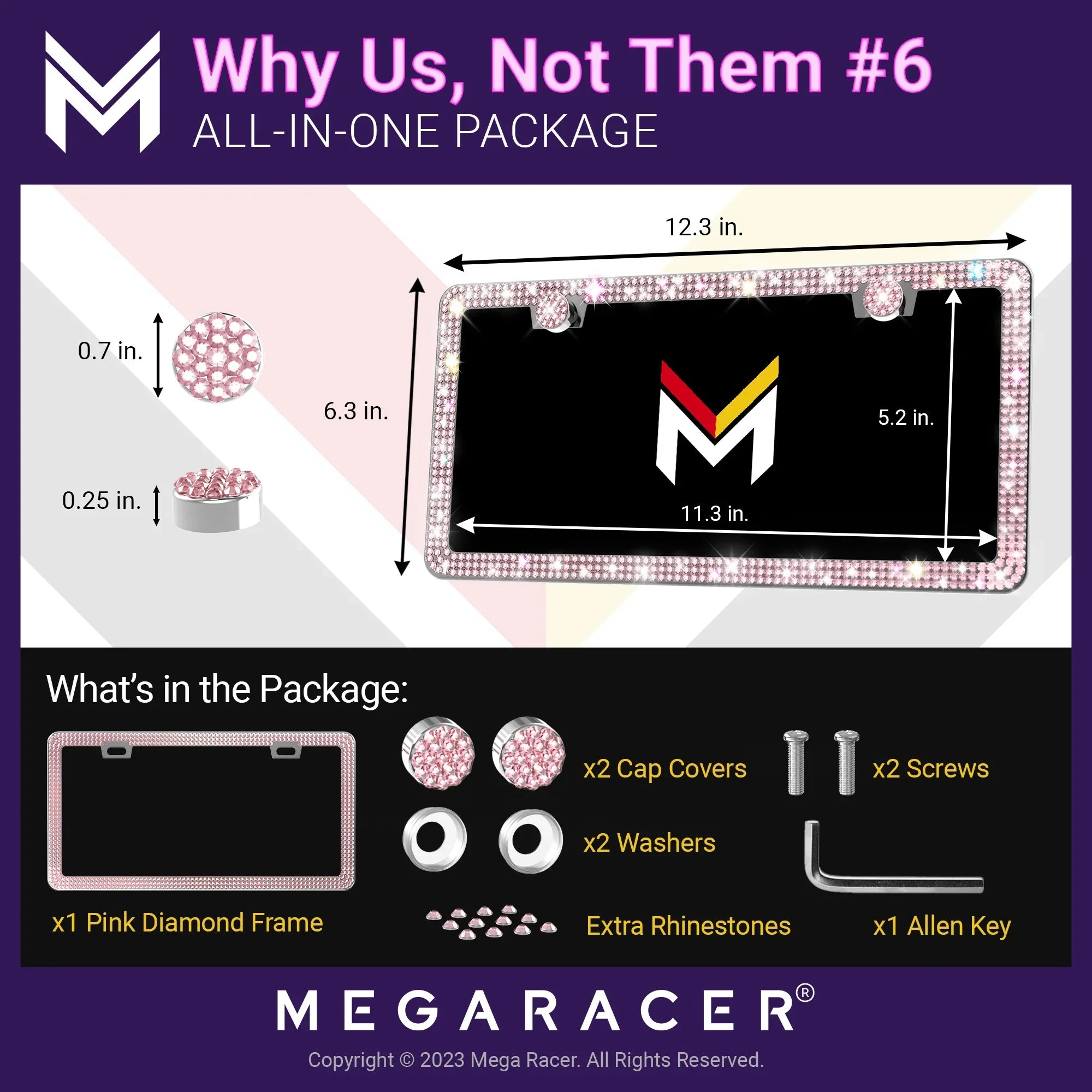 Mega Racer Nissan Rogue Bling License Plate Frames Diamond Pink Rhinestones, 2 Holes with Mounting Screws, Nissan Rogue 2008 - 2023 08 - 23 Sparkly Car License Plate Frame