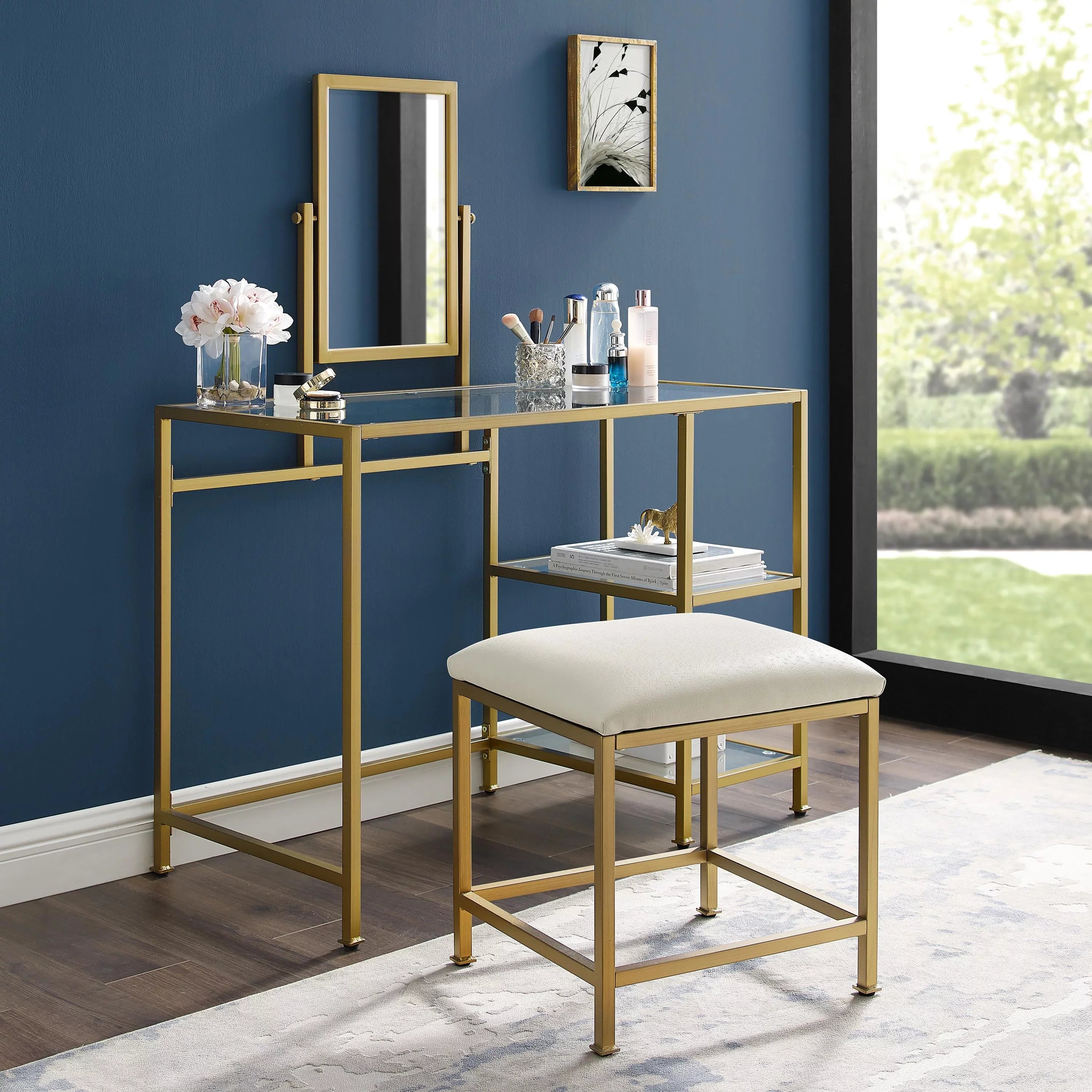 Crosley Furniture Aimee 3-Piece Makeup Vanity Desk Set with Stool and Storage Shelves