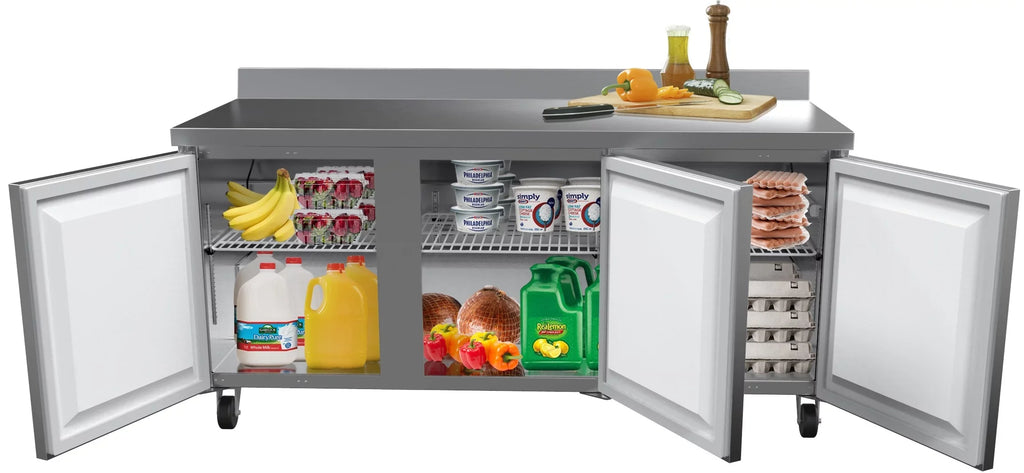 KoolMore 72 in. Three-Door Worktop Refrigerator with 3.5 in. Backsplash – 16.9 Cu. ft.