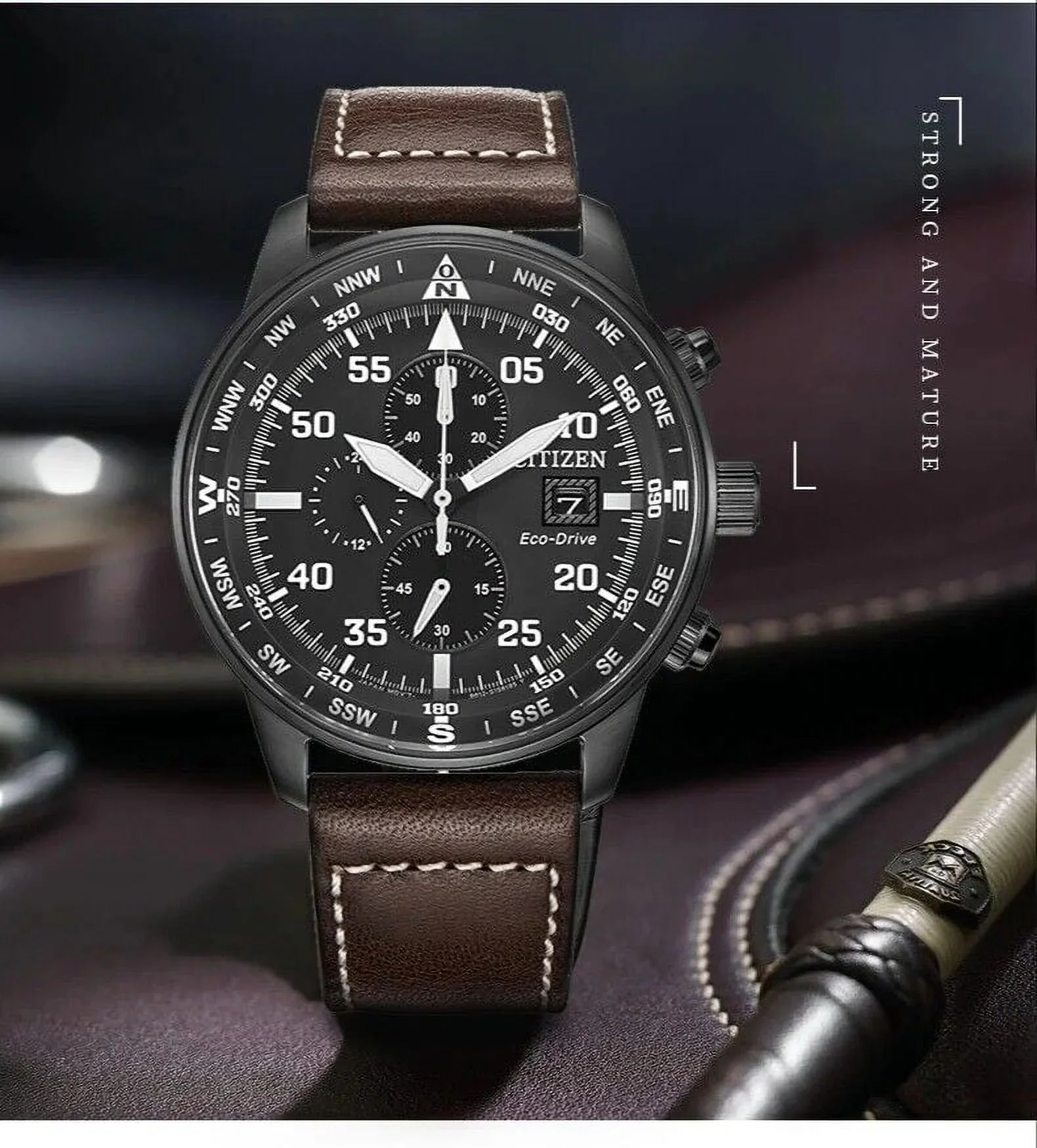 Men's Classic Business Aviator Chronograph Black Dial Eco-Drive Watch