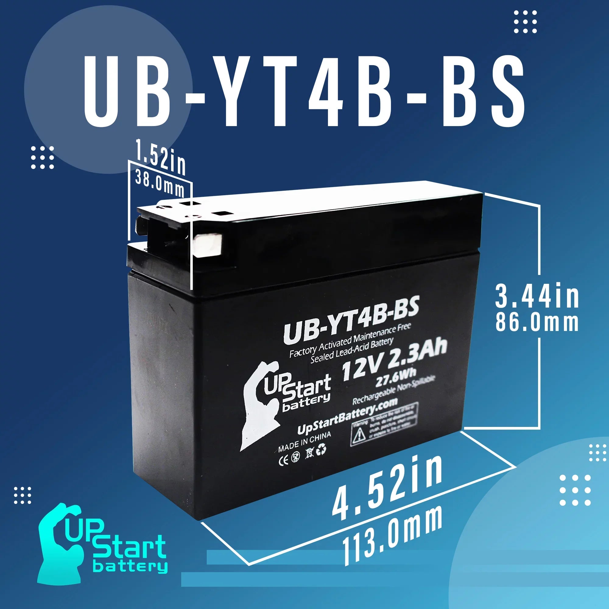 5-Pack UpStart Battery Replacement for 2012 Yamaha SR400 () 400CC Factory Activated, Maintenance Free, Motorcycle Battery - 12V, 2.3Ah, -YT4B-