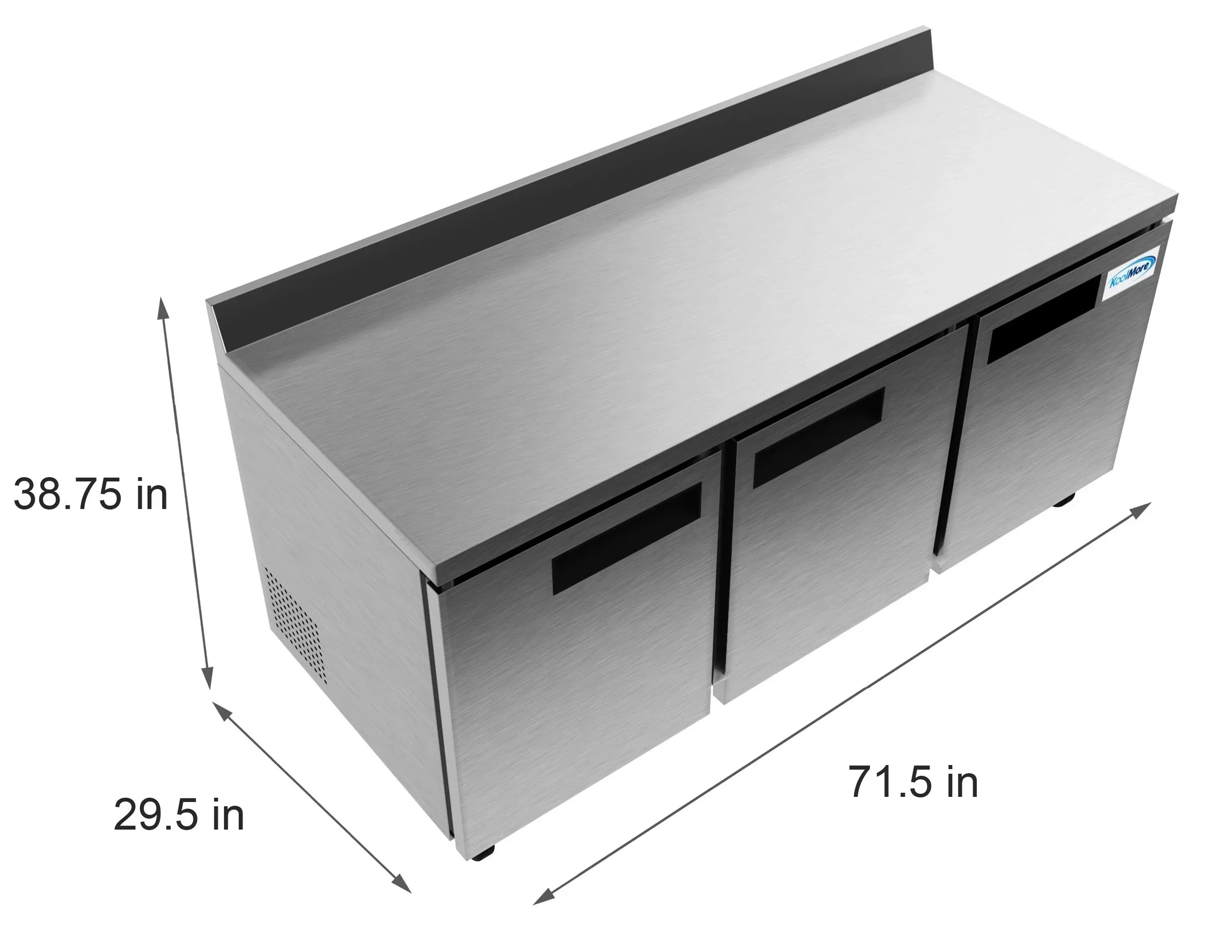 KoolMore 72 in. Three-Door Worktop Refrigerator with 3.5 in. Backsplash – 16.9 Cu. ft.