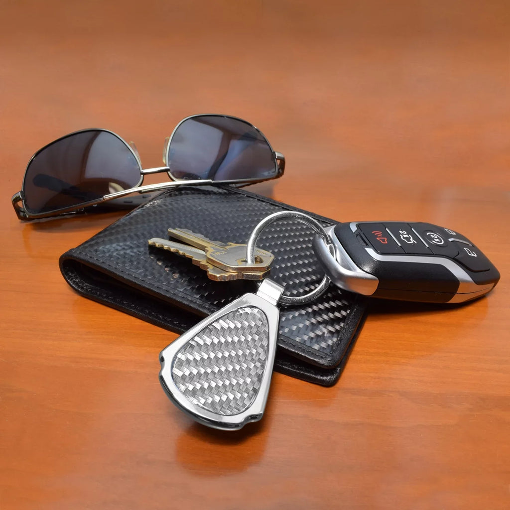 iPick Image for Cadillac XT4 Real Silver Dome Carbon Fiber Chrome Metal Teardrop Key Chain, Official Licensed