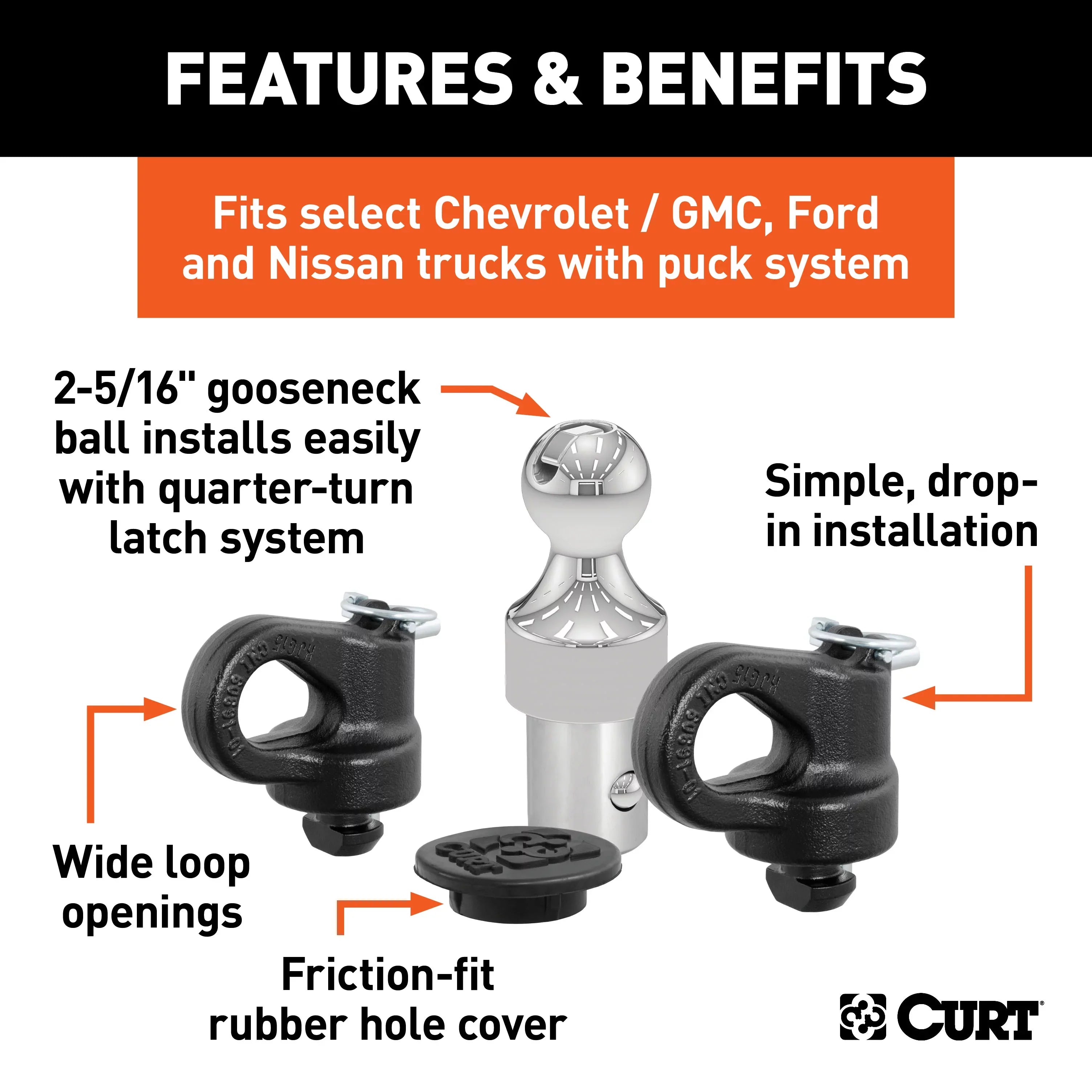 Mfg 60692 -Compatible Gooseneck Ball & Safety Chain Anchor Kit for  - Fits  pickup trucks with factory tow packages | Includes storage case and rubber hole cover