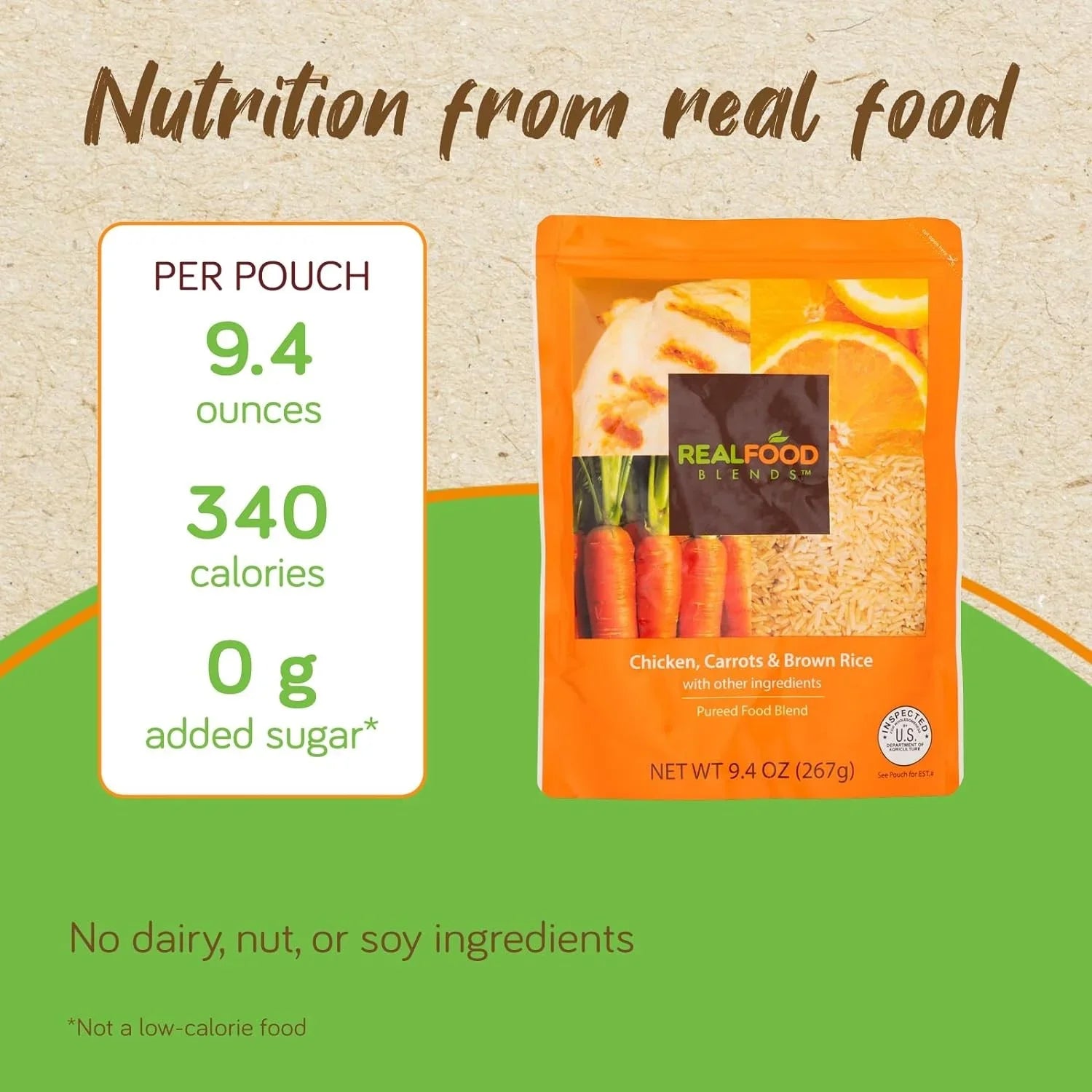 Real Food Blends - Orange Chicken, Carrots & Brown Rice - Meals for Tube Fed People - 9.4 Oz Pouch (Pack of 12)