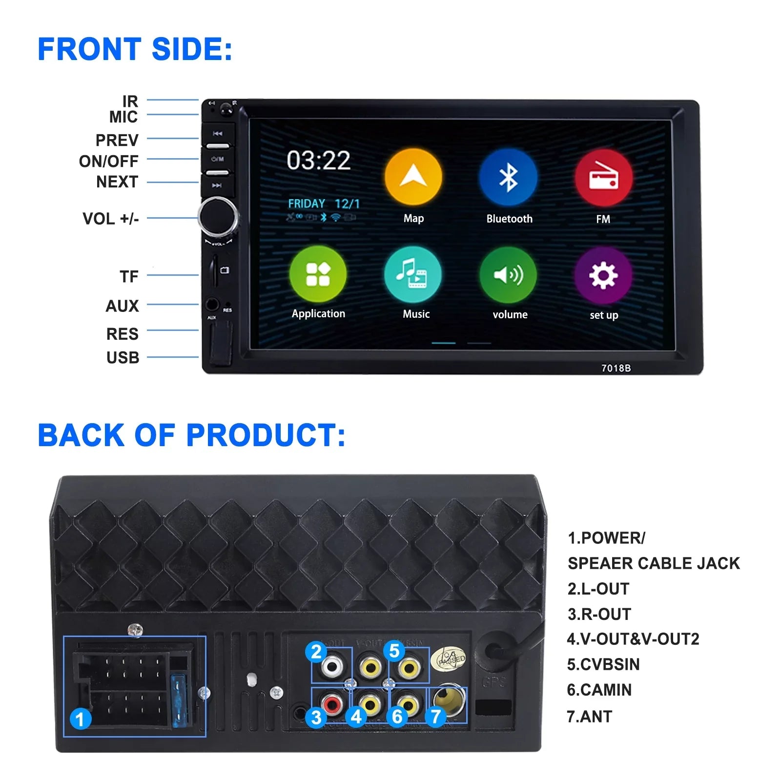 Double 2 Din Car Stereo Radio MP5 Player, 7 Inch  Touch Screen Bluetooth Car Video Player 1080P with Backup Reversing Camera