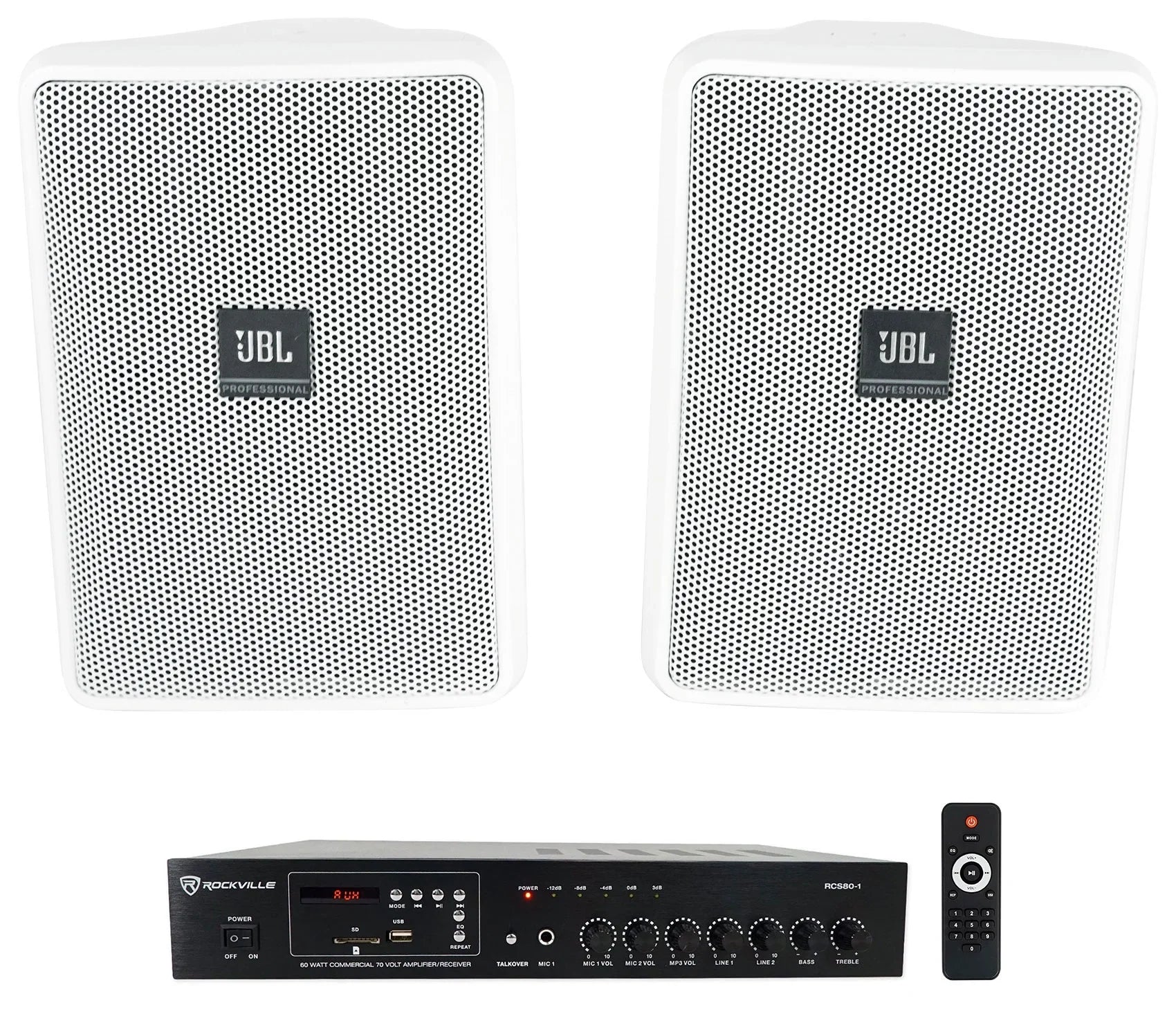 (2)  Control 23-1 White 3" Indoor/Outdoor 70v Commercial Wall Speakers + Amp