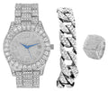 Charles Raymond Mens Big Rocks Bezel - Dial with Roman Numerals Fully Iced Out Watch w/Cuban Chain Bracelet & Ring - ST10327SET3PC (10,Silver)