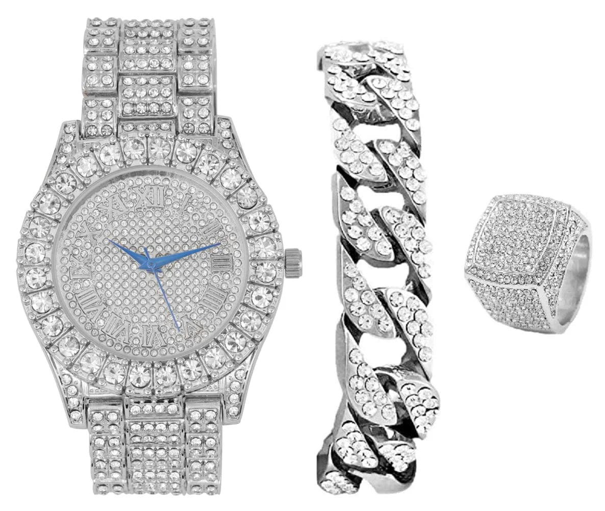 Charles Raymond Mens Big Rocks Bezel - Dial with Roman Numerals Fully Iced Out Watch w/Cuban Chain Bracelet & Ring - ST10327SET3PC (10,Silver)