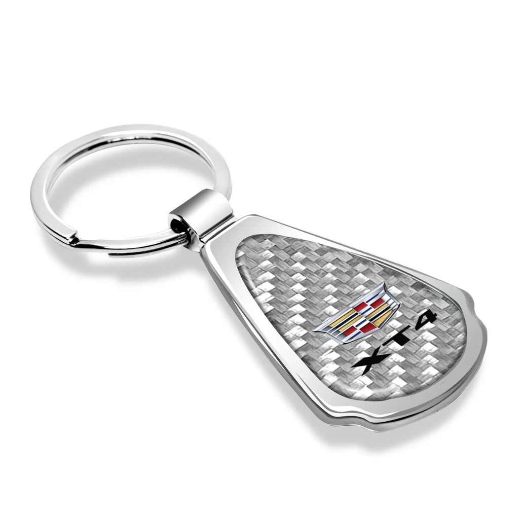 iPick Image for Cadillac XT4 Real Silver Dome Carbon Fiber Chrome Metal Teardrop Key Chain, Official Licensed